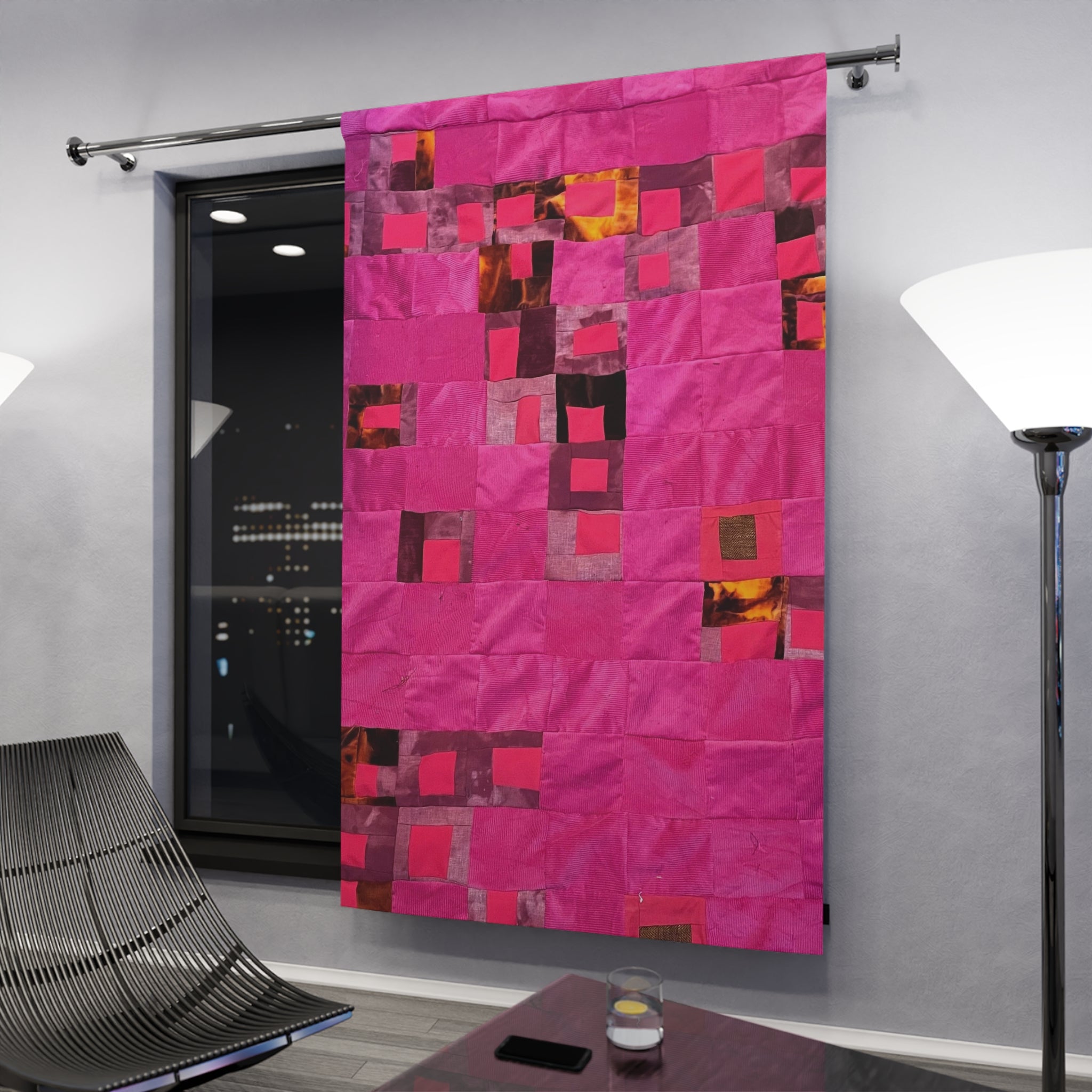 "Lela" Pink Patchwork Curtain Panel — Modern Geometric Window Drapery