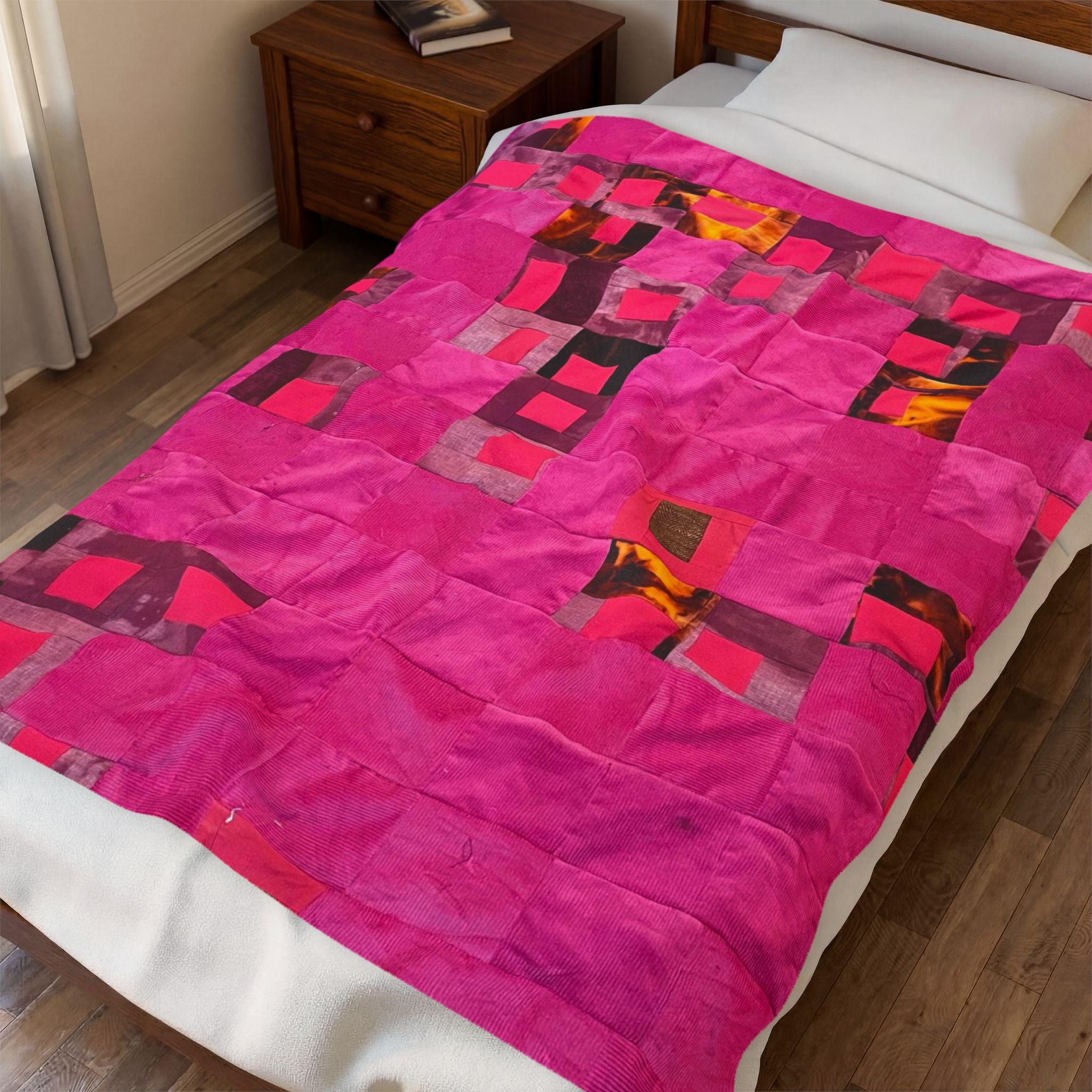 "Lela" Pink Patchwork Velveteen Plush Blanket – Soft Cozy Throw for Living Room, Bedroom & Gifts