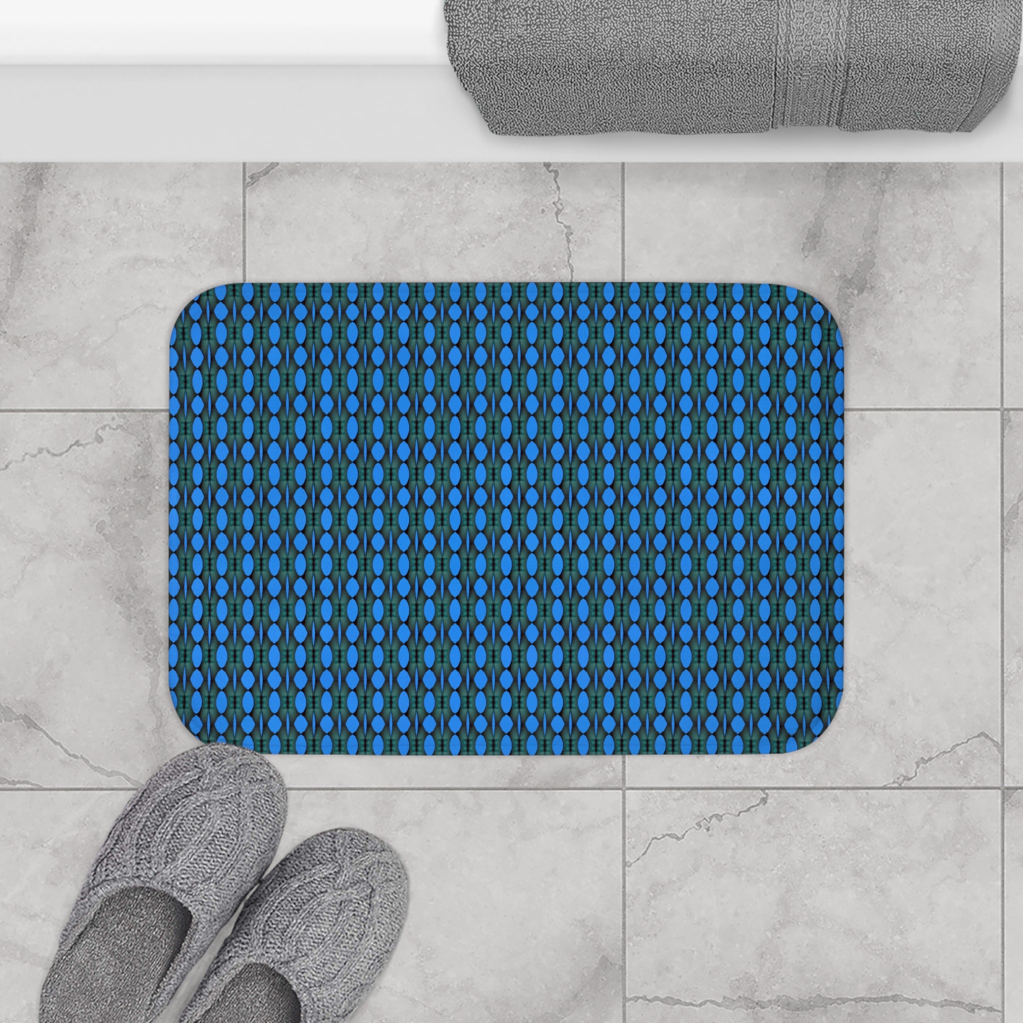 "Where Are We Going?" Blue Teardrop Mosaic Bath Mat – Non-Slip Patterned Bathroom Rug