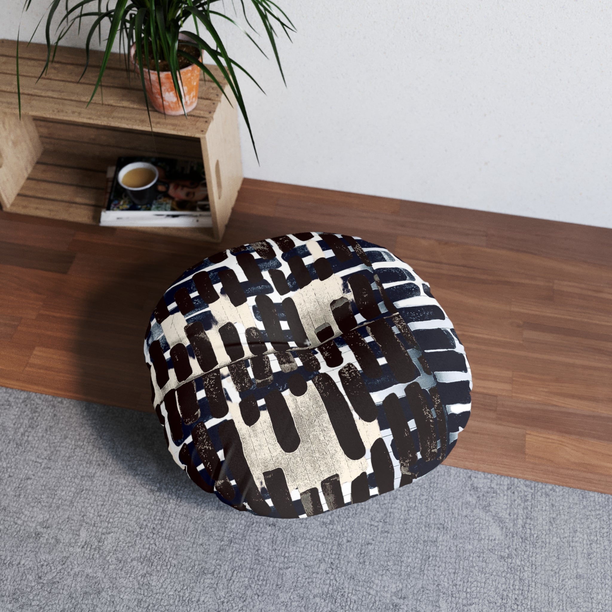 "Only My Notebook Knows How I Feel, My Heart Is On Every Page" Abstract Brushstroke Round Tufted Floor Pillow — Modern Black & White Boho Cushion