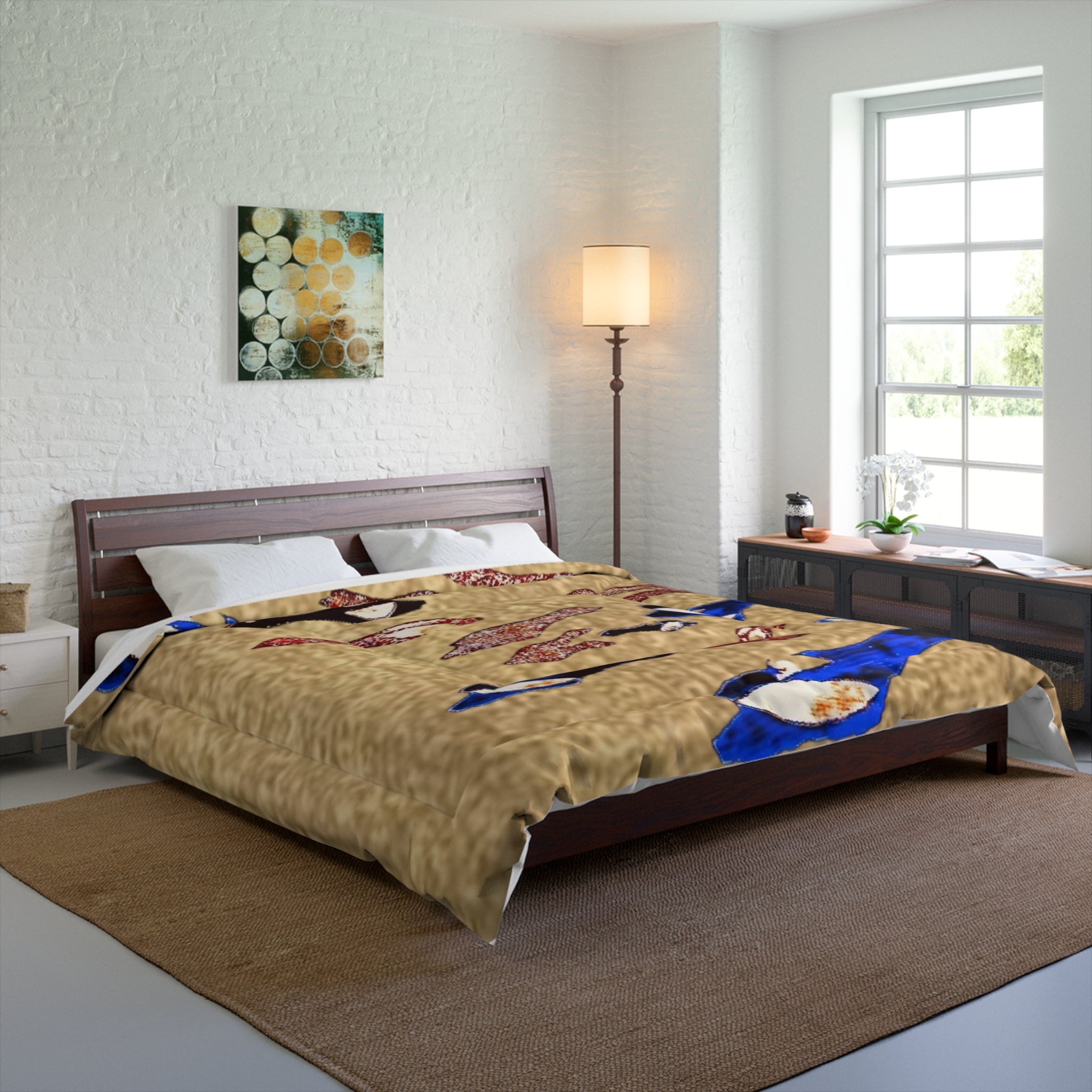 "Fly Me to the Moon" Bird Comforter – Beige Asian-Inspired Bedspread with Blue & Red Carp Pattern
