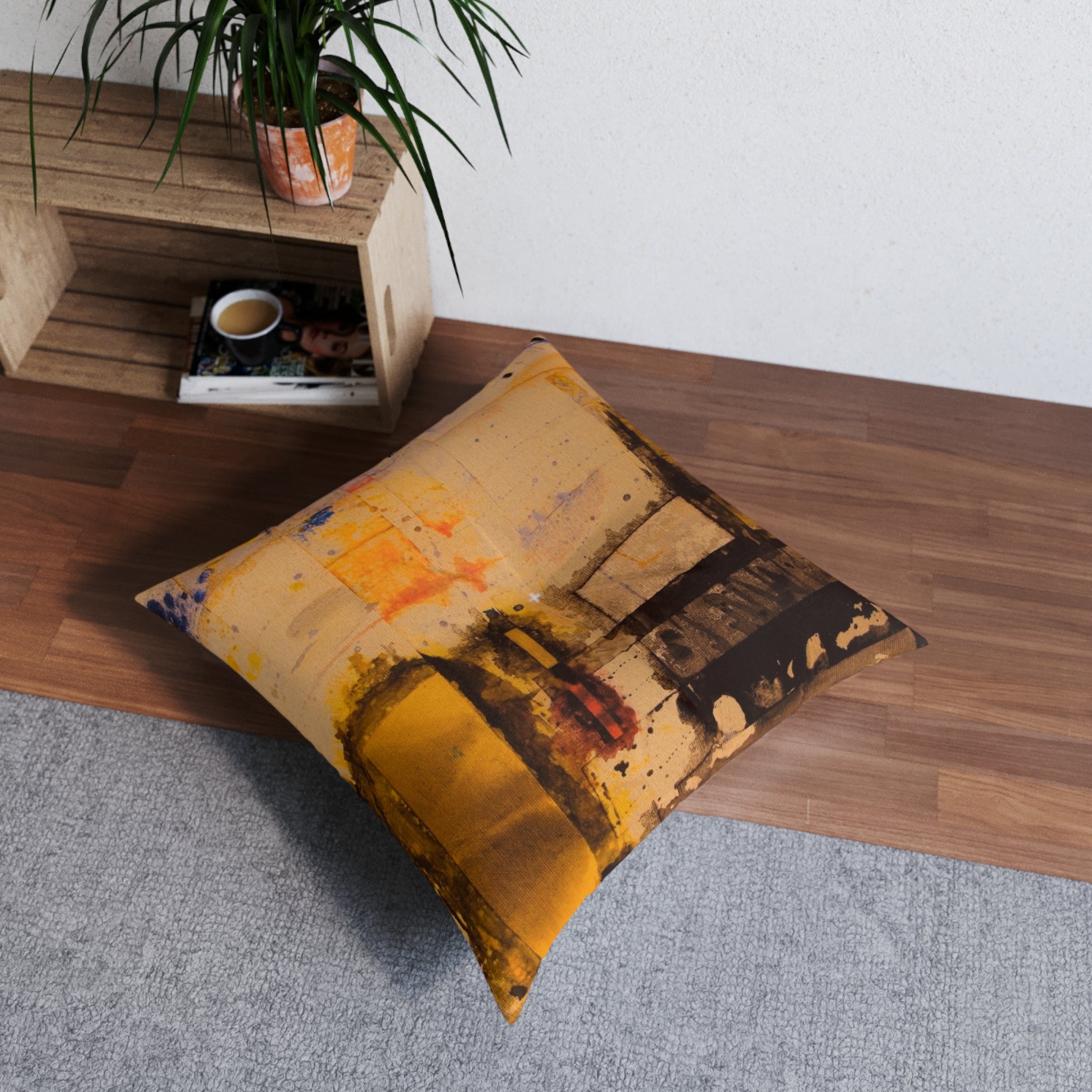 "Dance in the Rain" Abstract Golden Grid Tufted Floor Pillow — Modern Art Square Cushion