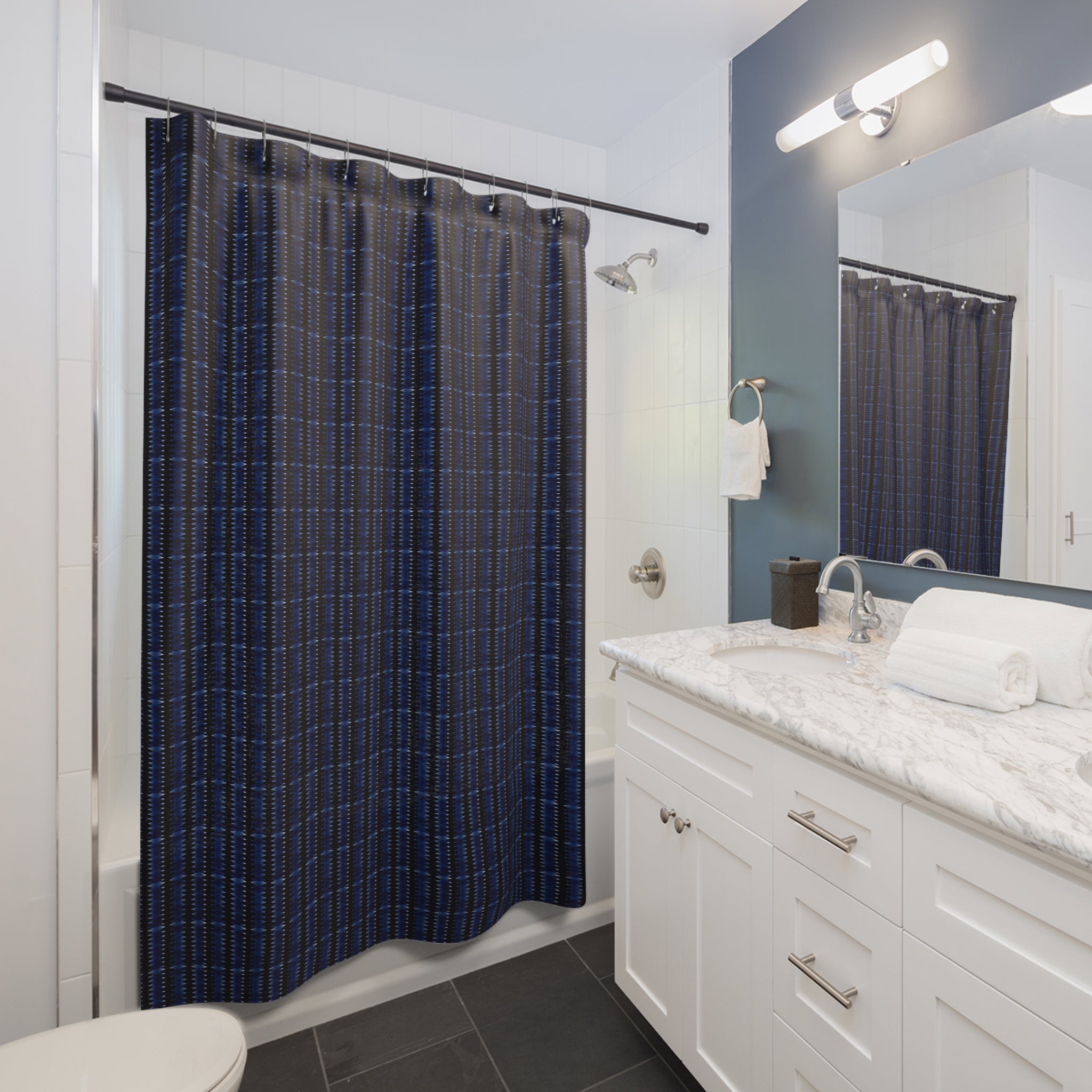 "Mississippi Midnight: Lovely Banjo Blues" Navy Blue Plaid Shower Curtain — Modern Geometric Bathroom Decor