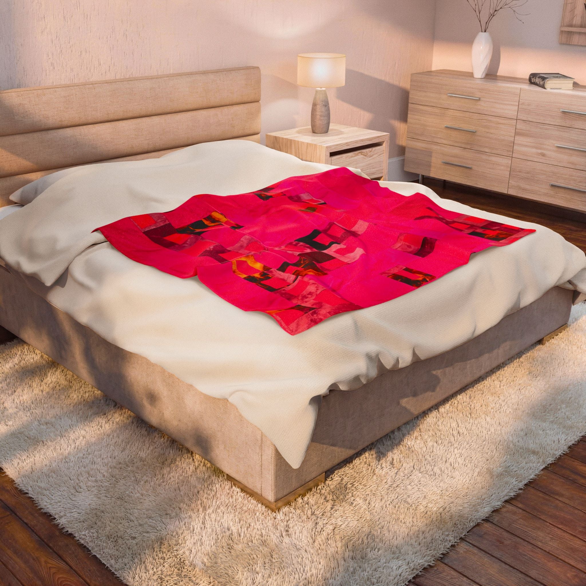 "Lela Lela" Block Quilt Pattern Plush Blanket - Vibrant Pink Abstract Patchwork Velveteen Throw