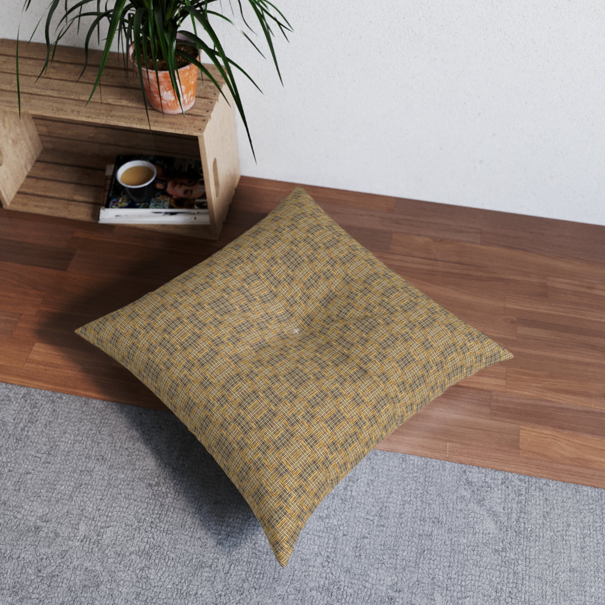 "All Things Fall Apart" Woven Mustard Tufted Floor Pillow — Square Decorative Cushion