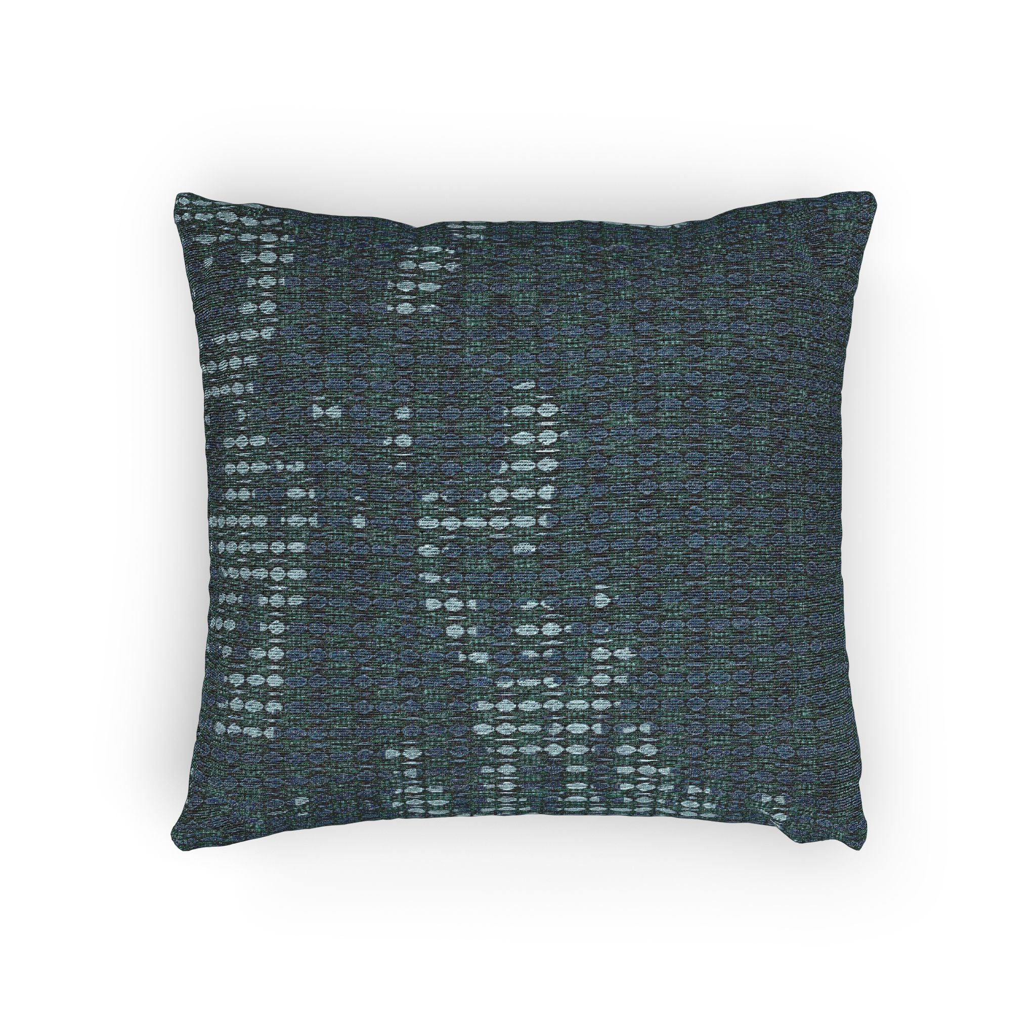 "Where Are We Going?" Woven Texture Throw Pillow — Teal Grid Boho Decorative Cushion