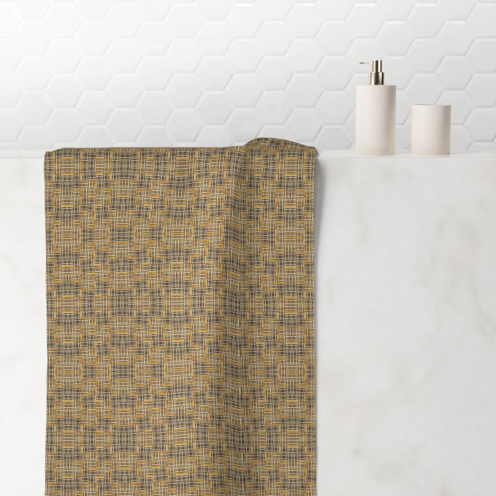 "All Things Fall Apart" Woven Plaid Mink-Cotton Bath Towel — Soft Neutral Check Pattern