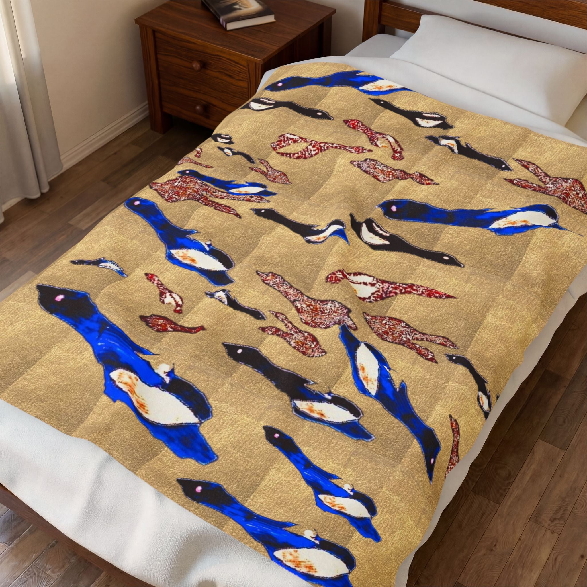 "Fly Me to the Moon" Velveteen Plush Blanket – Blue & Gold Fish School Design, Cozy Nautical Throw