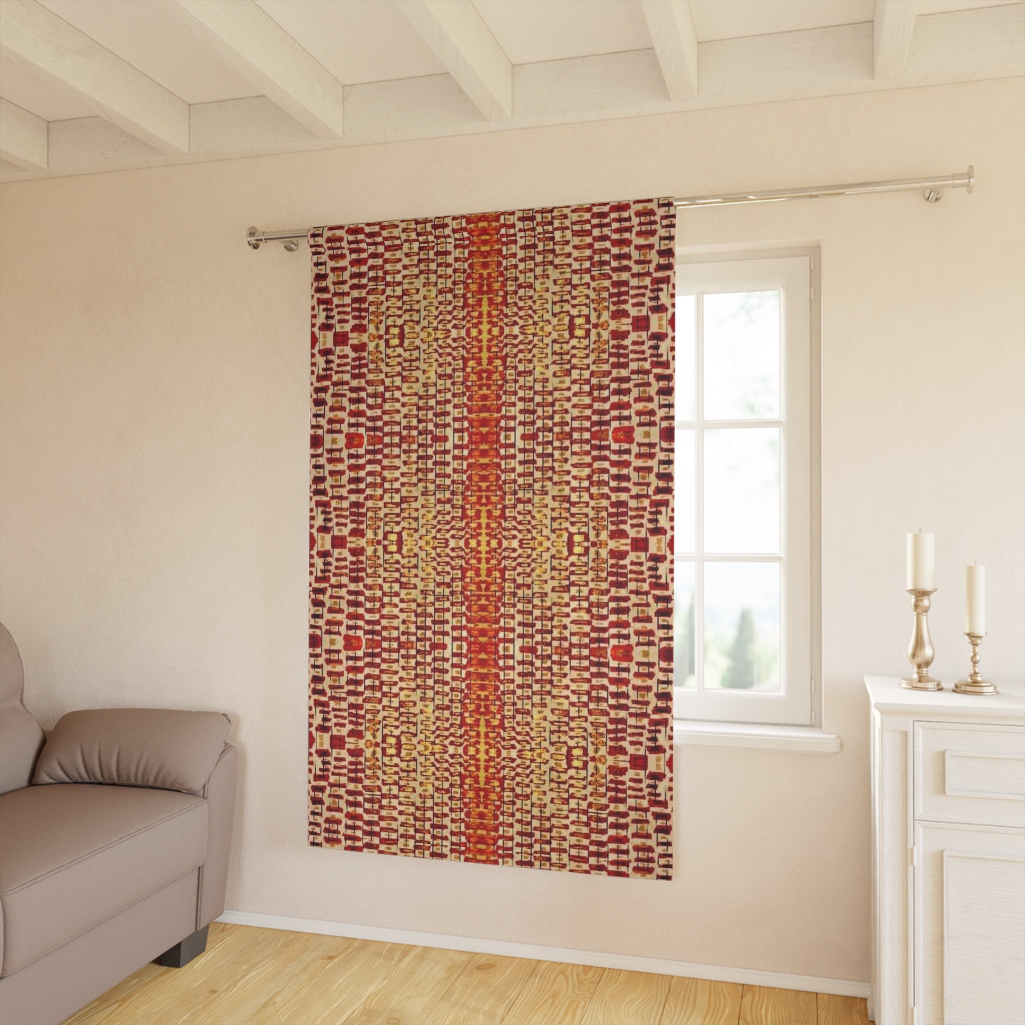 "Queen Mother" Rust Orange Geometric Curtain Panel — Modern Boho Window Curtain (1 Piece)