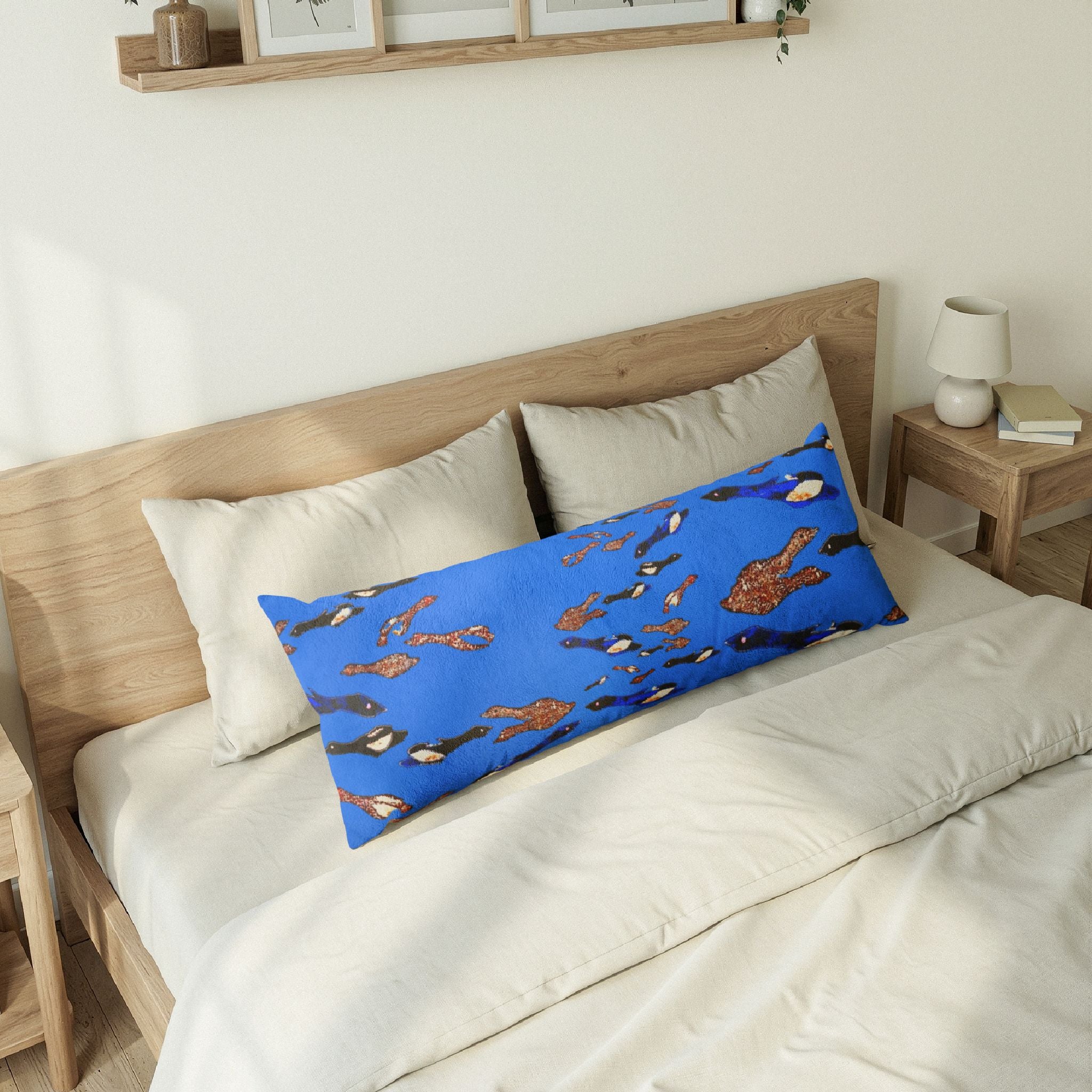 "Fly Me to the Moon" Blue and Brown Birdies Body Pillow — Serene Aquatic Decorative Pillow for Relaxation