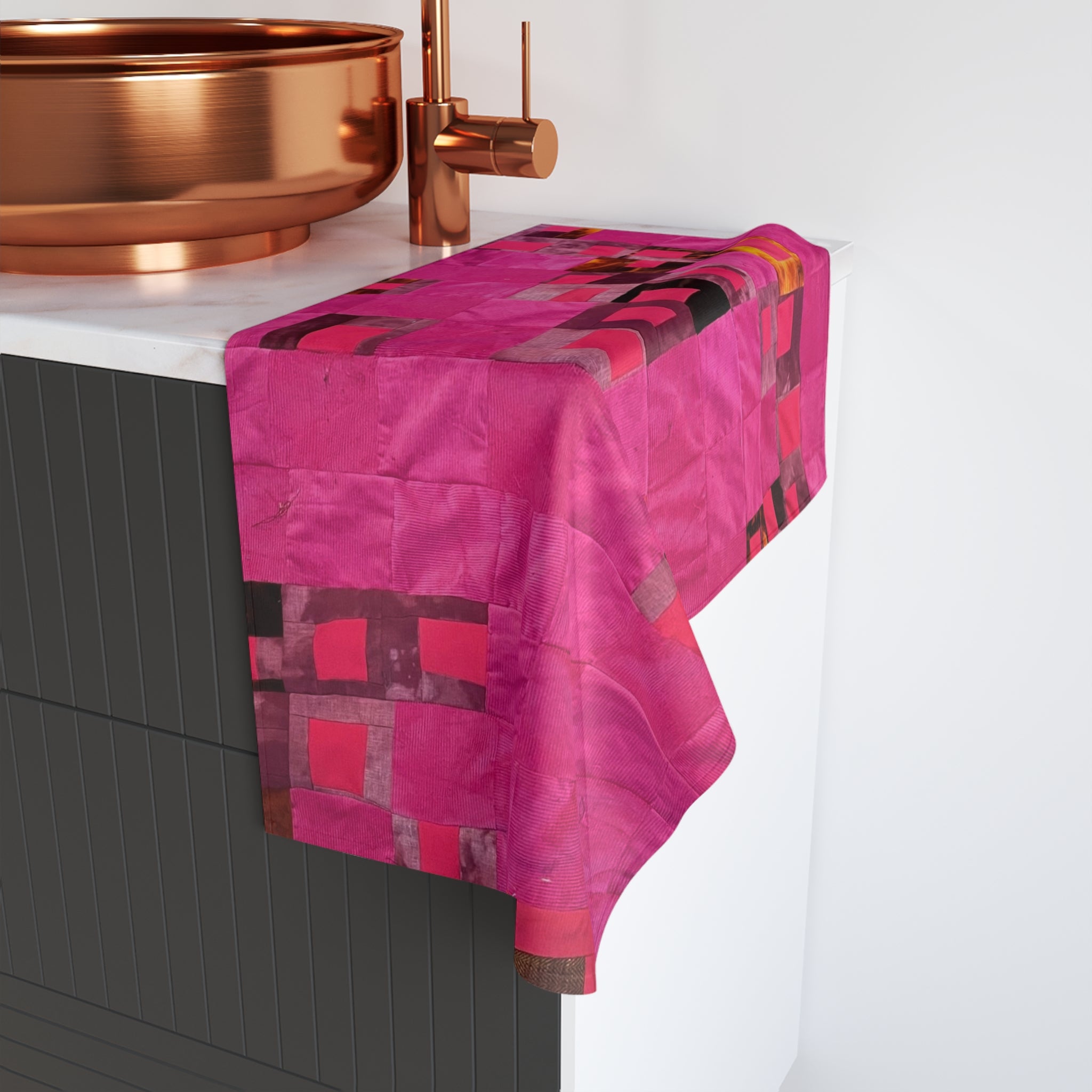 "Lela" Pink Mosaic Hand Towel – Vibrant Patchwork Kitchen or Bath Accent