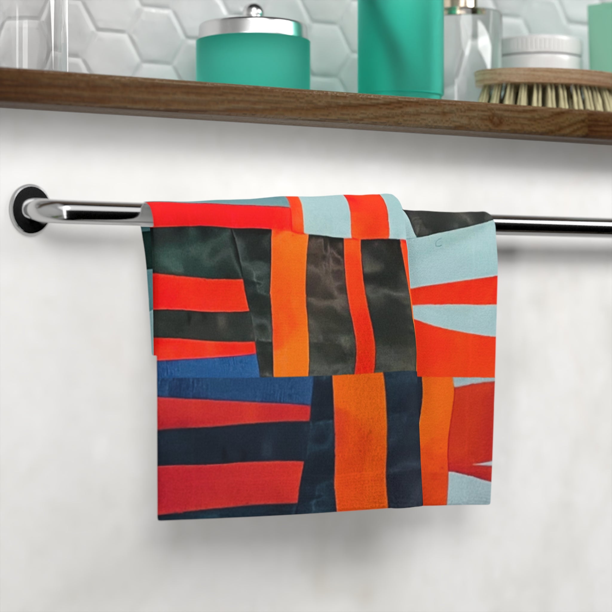 "Samuel" Modern Geometric Face Towel — Bold Orange & Navy Stripe Design