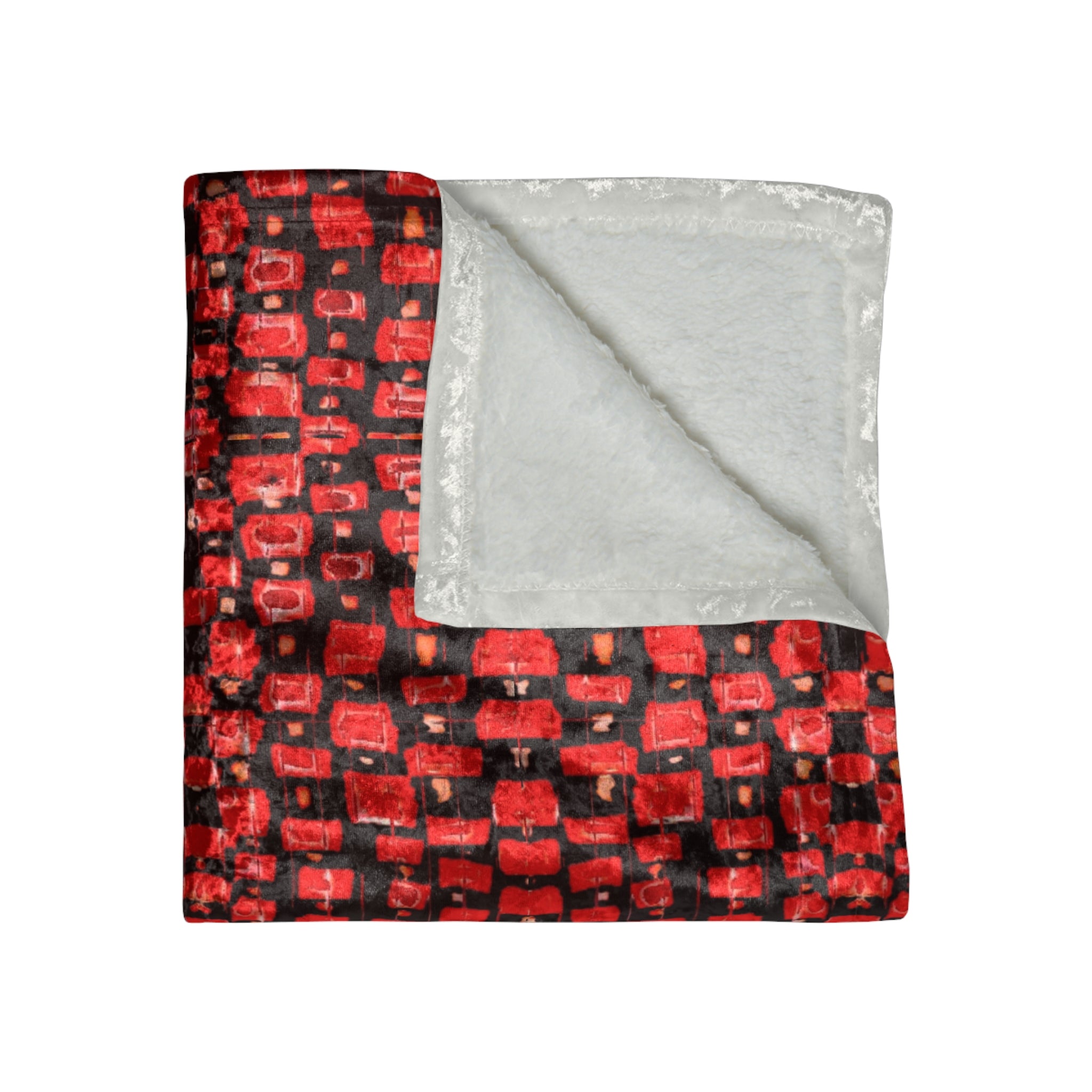 “Japanese Cherry Blossom” Red and Black, Reptile Pattern Crushed Velvet Throw Blanket — Red Mosaic Luxe Velvet Cozy Blanket