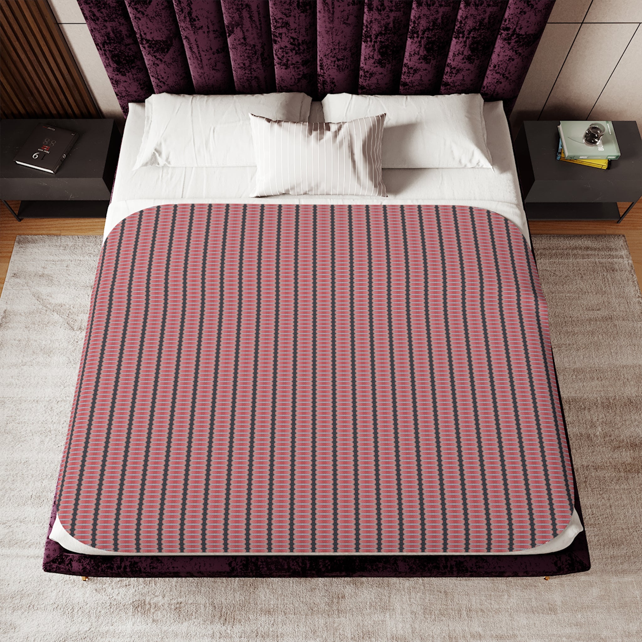 "The Nike of Samothrace" Cozy Striped Sherpa Blanket — Plush Reversible Throw for Home & Travel - Coral, Grey, Red