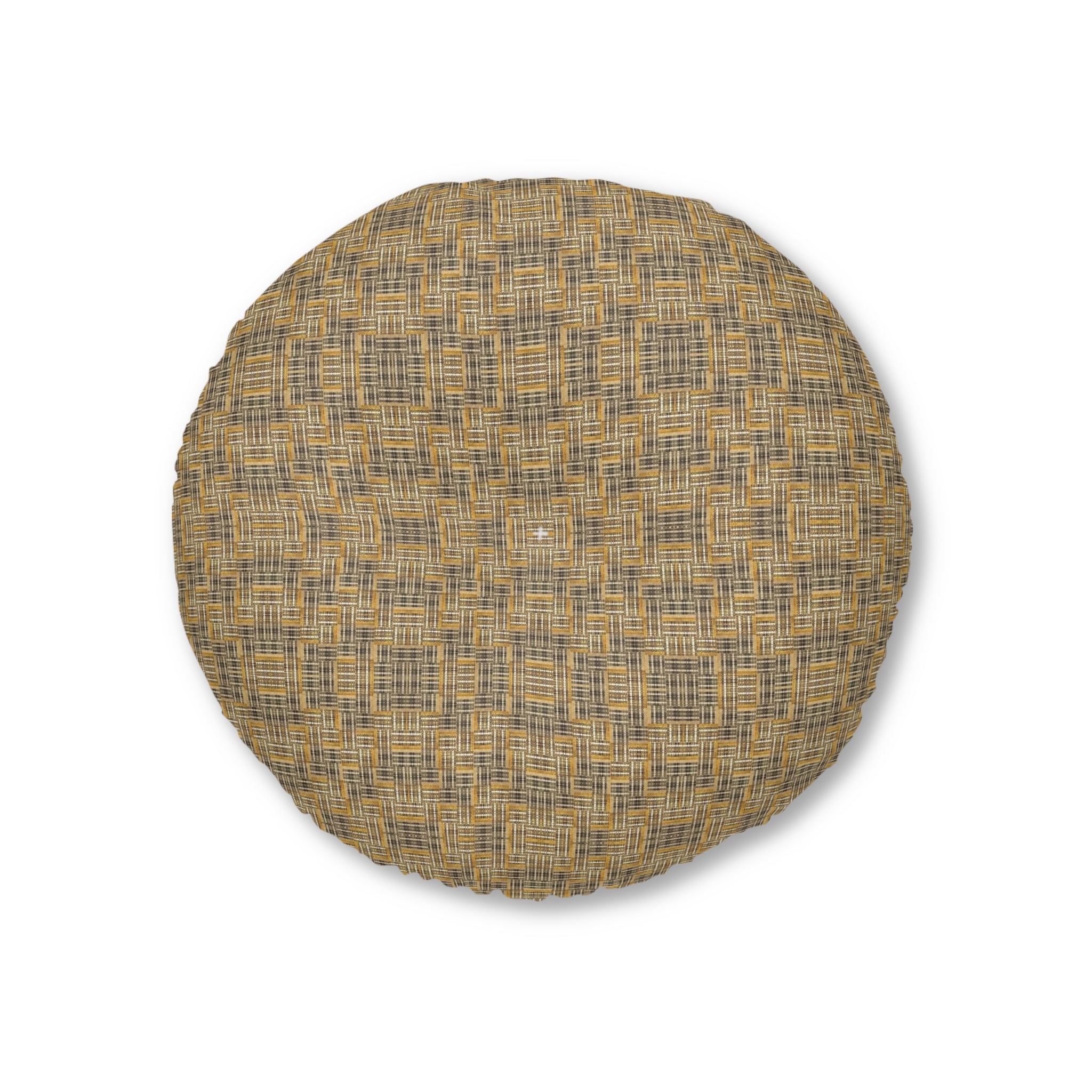 “All Things Fall Apart” Round Tufted Floor Pillow Rustic Plaid Yellow & Brown Boho Cushion