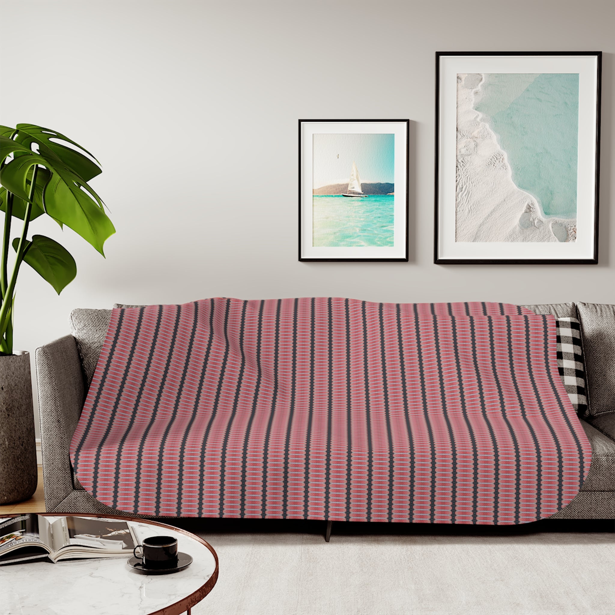 "The Nike of Samothrace" Cozy Striped Sherpa Blanket — Plush Reversible Throw for Home & Travel - Coral, Grey, Red