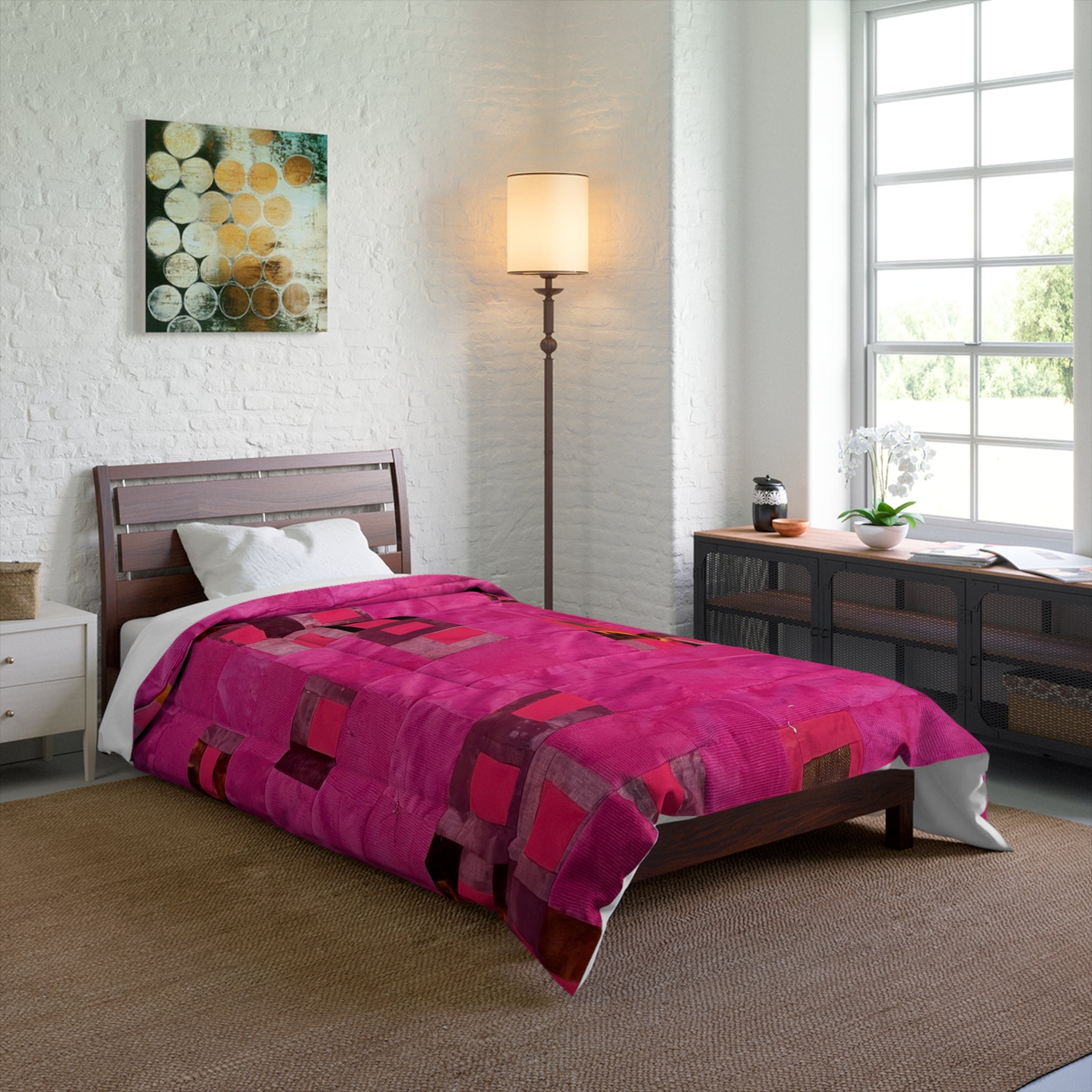 "Lela" Pink Geometric Comforter — Modern Patchwork Duvet Cover