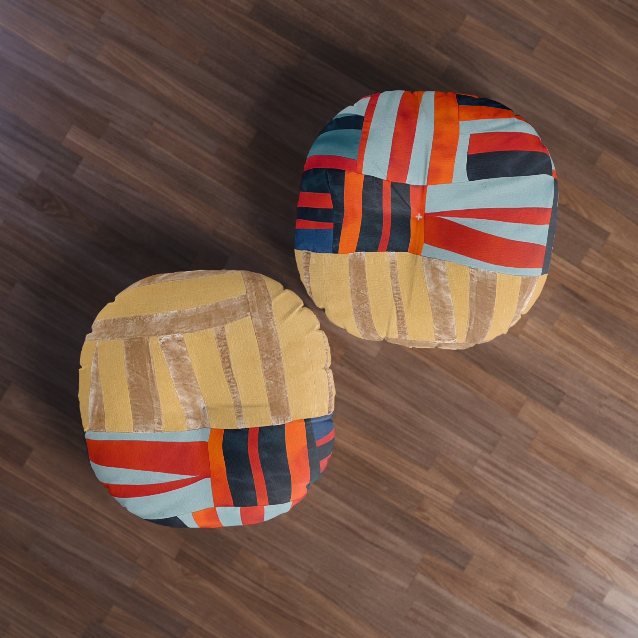 "Hannah and Samuel" Round Tufted Floor Pillow — Retro Geometric Patchwork Cushion