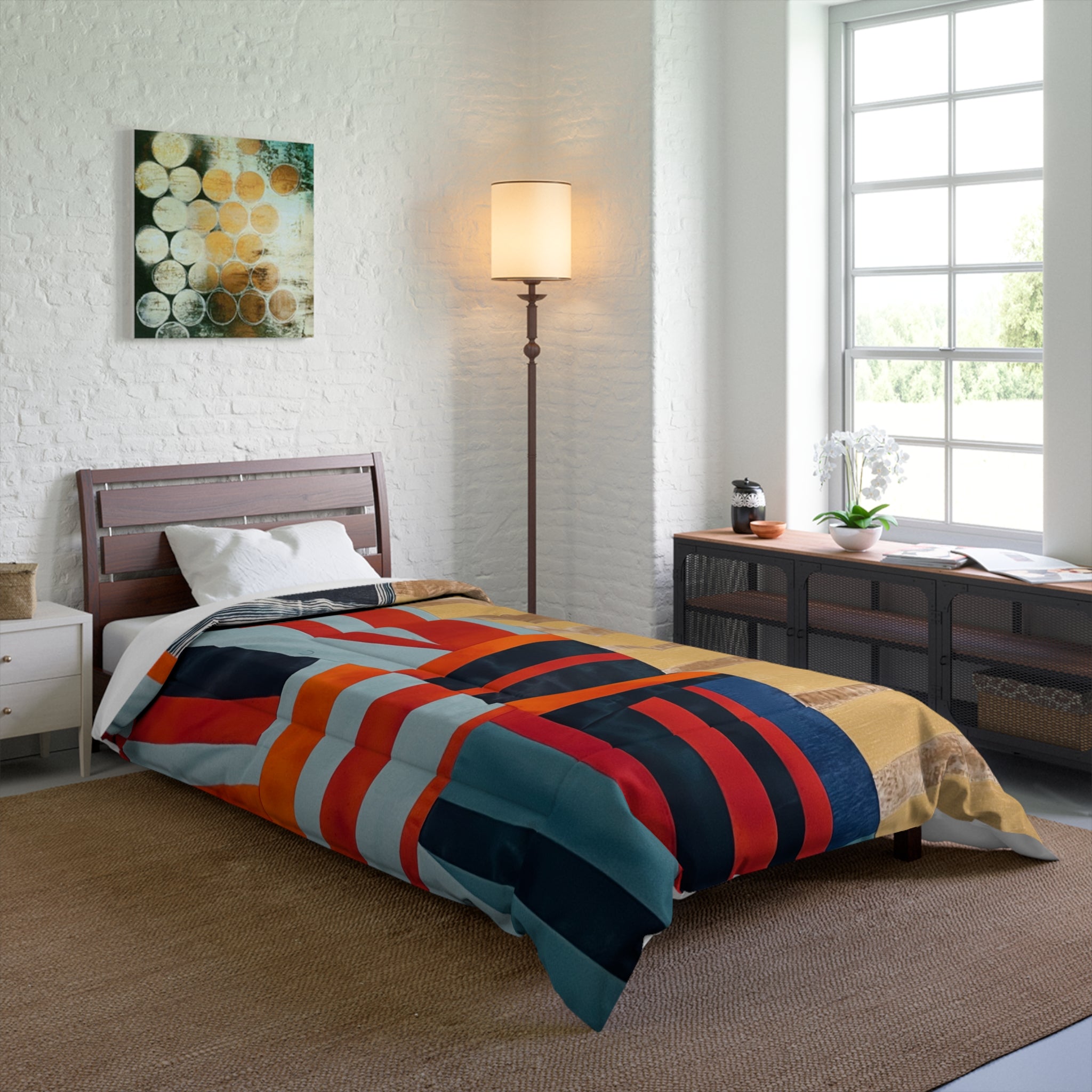 "Hannah and Samuel" Abstract Geometric Comforter – Bold Stripes & Warm Color Block Bedding