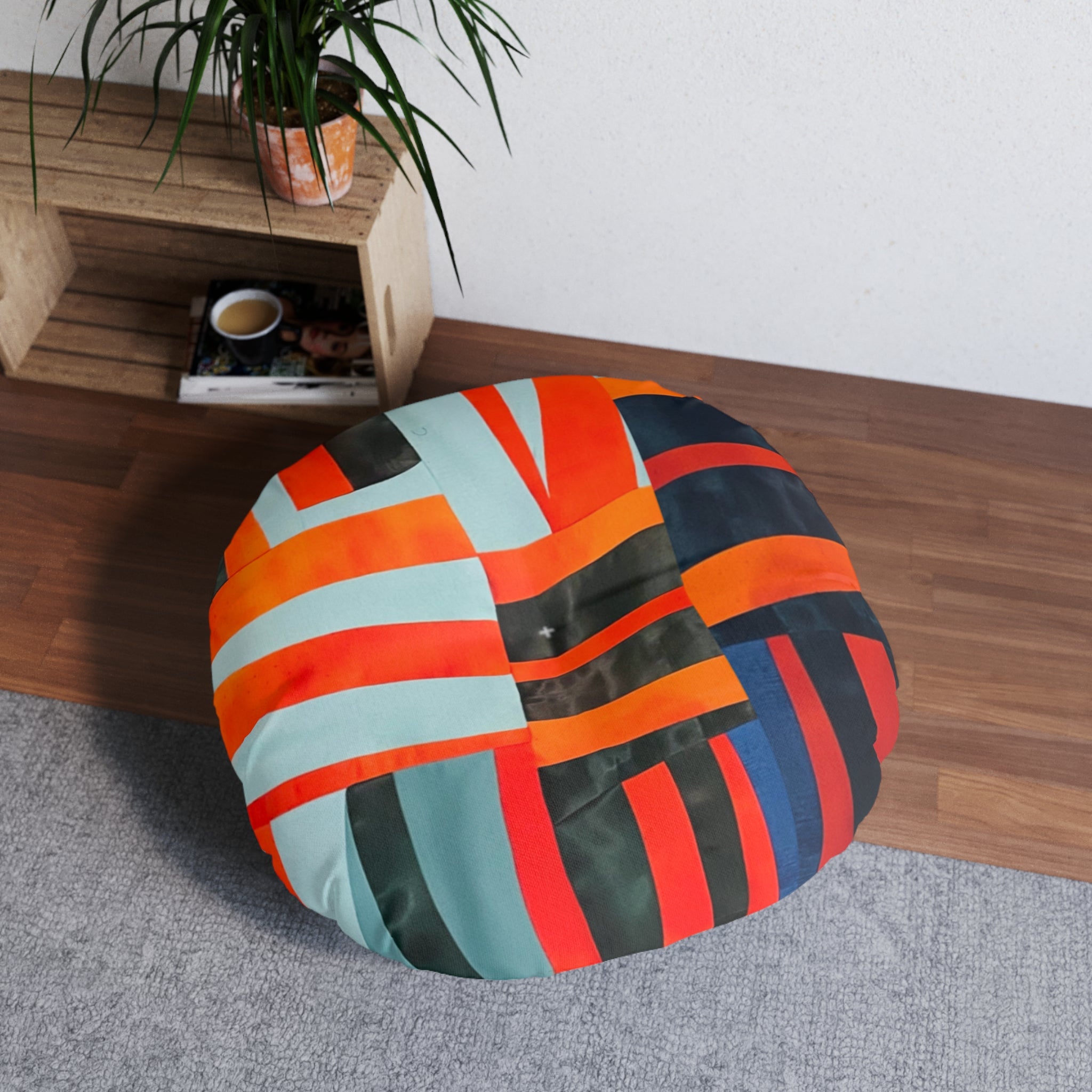 “Samuel” Round Tufted Floor Pillow — Geometric Red & Teal Tribal Pattern