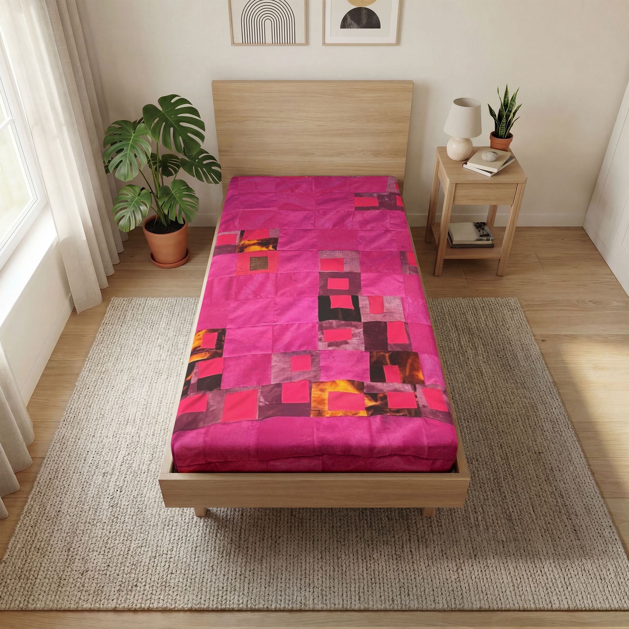 "Lela" Pink Geometric Patchwork Fitted Sheet — Vibrant Abstract All-Over Print