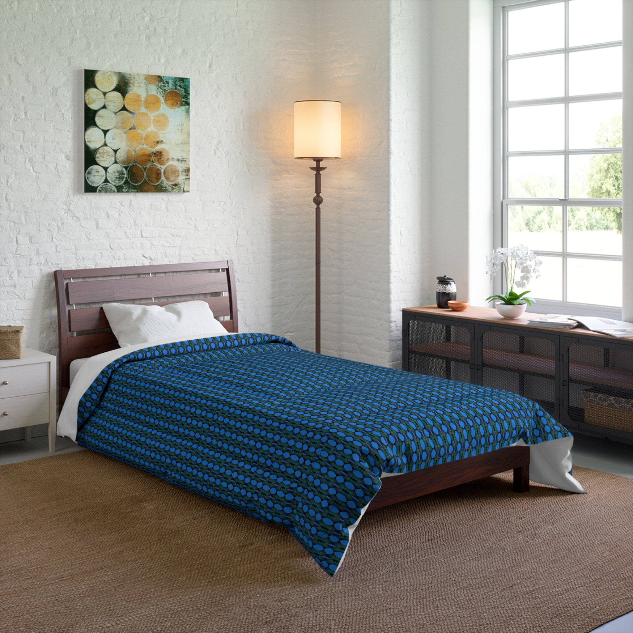 "Where Are We Going?" Blue Geometric Comforter — Modern Dot Pattern Bedding for Teen & Adult Bedrooms