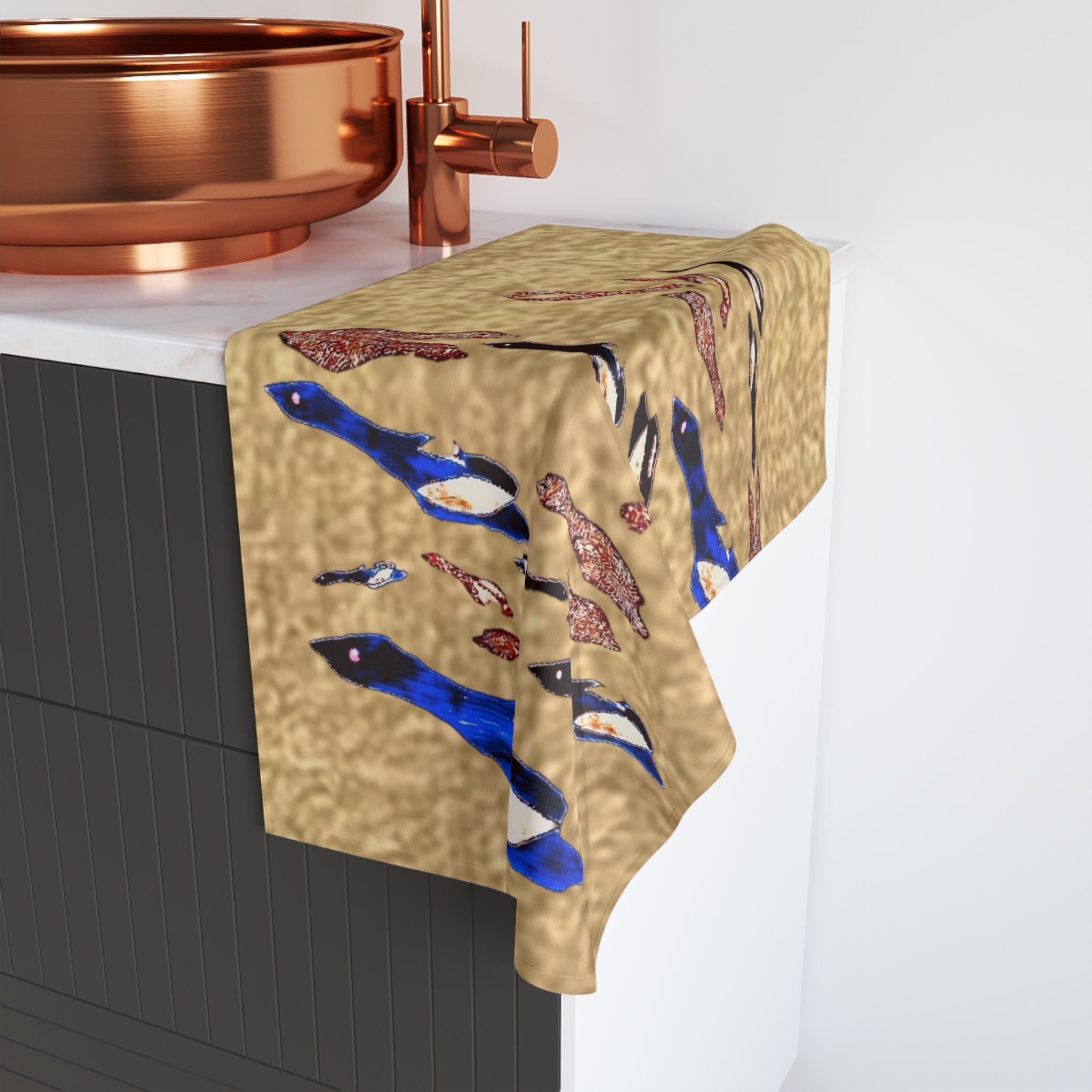 "Fly Me to the Moon" Flock Hand Towel — Blue, Gold, and Brown Waterfowl Kitchen Towel