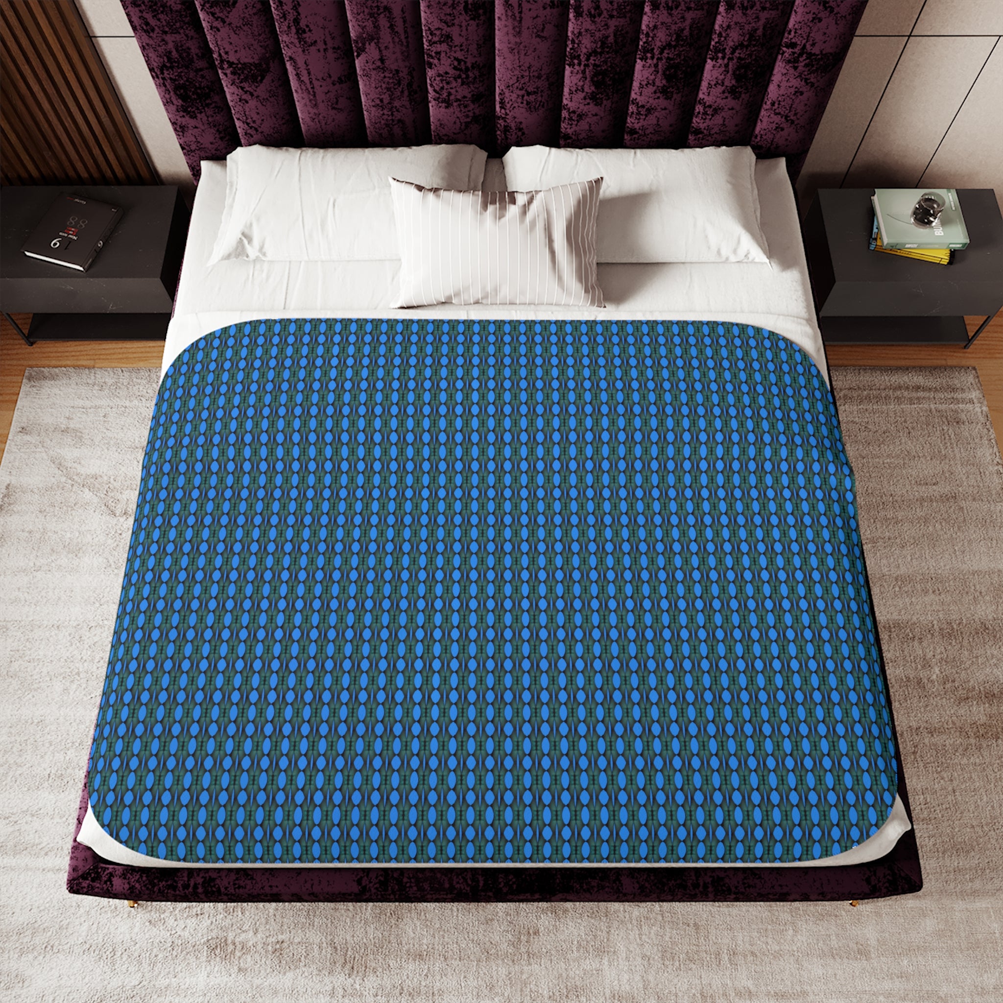"Where Do We Come From? What Are We? Where Are We Going?" Cozy Reversible Sherpa Blanket — Blue Grid Print with Cream Plush Back