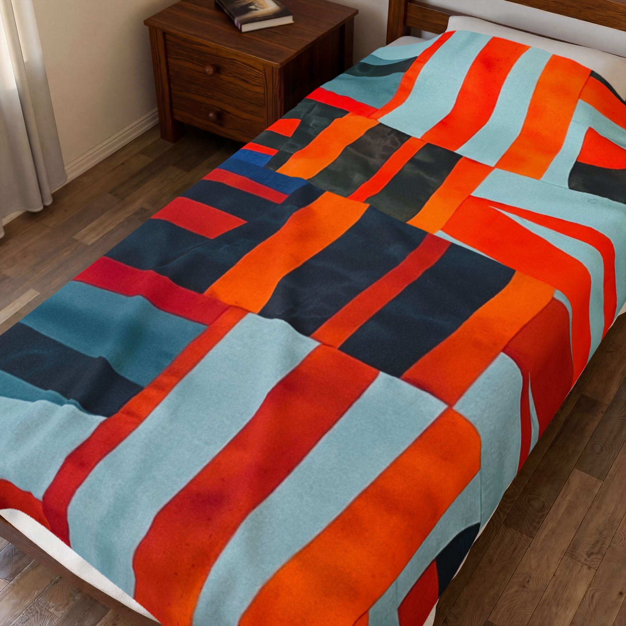 "Samuel" Abstract Geometric Velveteen Plush Blanket – Modern Orange & Blue Throw