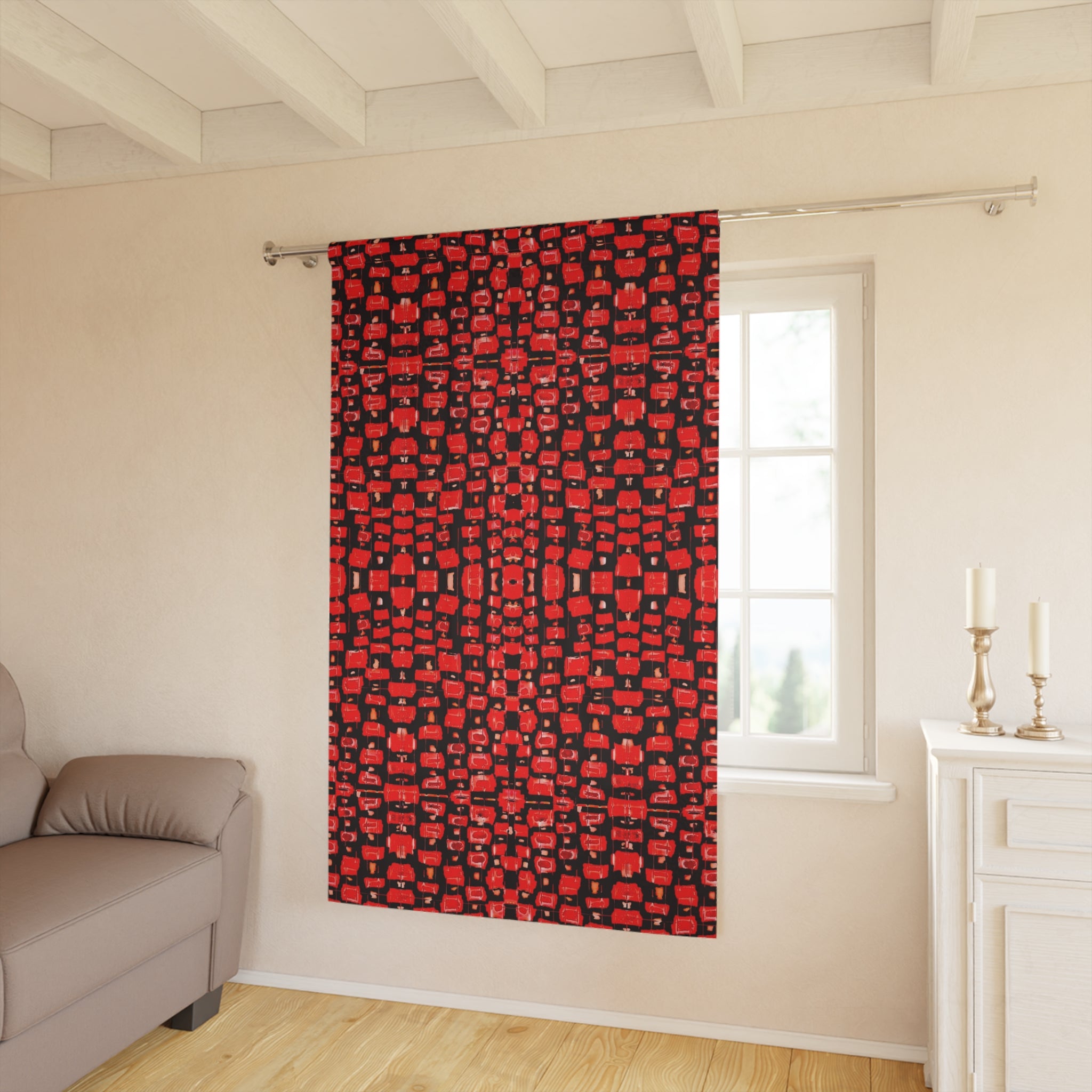 "Japanese Cherry Blossom" Red and Black Reptile Print Window Curtains (1 Piece)