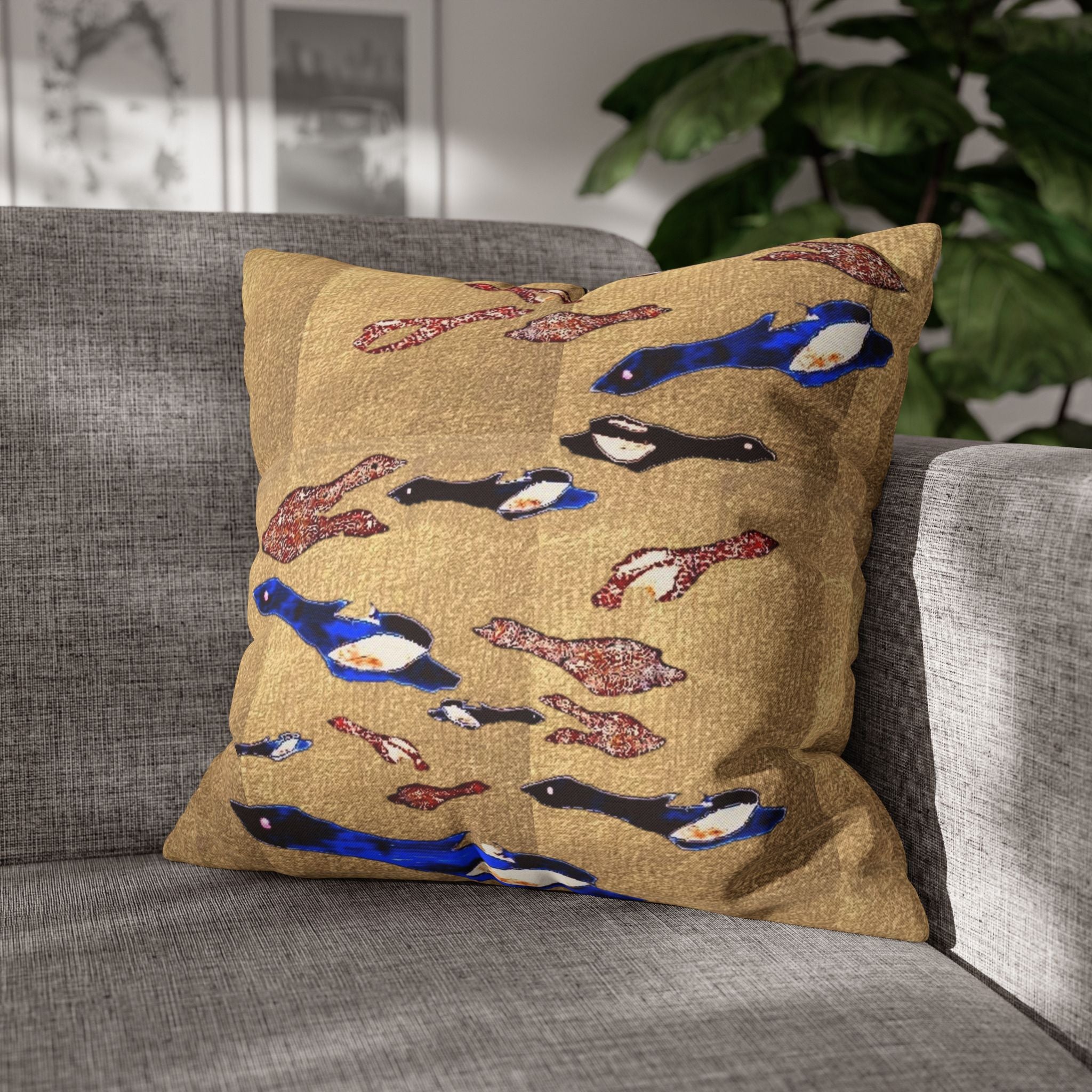 "Fly Me to the Moon" Birdie Blue and Gold Pattern Decorative Pillowcase — Spun Polyester Square Cushion Cover