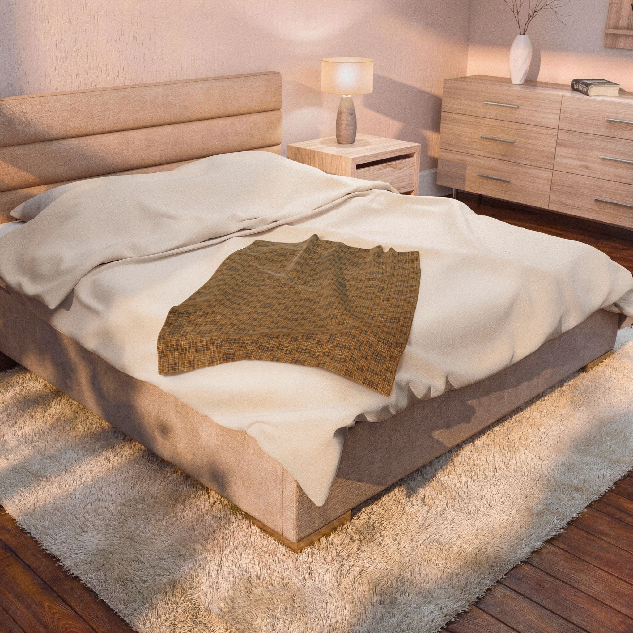 "All Things Fall Apart" Green, Gold, and Brown Woven Textile - Cozy Plaid Velveteen Plush Blanket — Warm Brown Check Throw