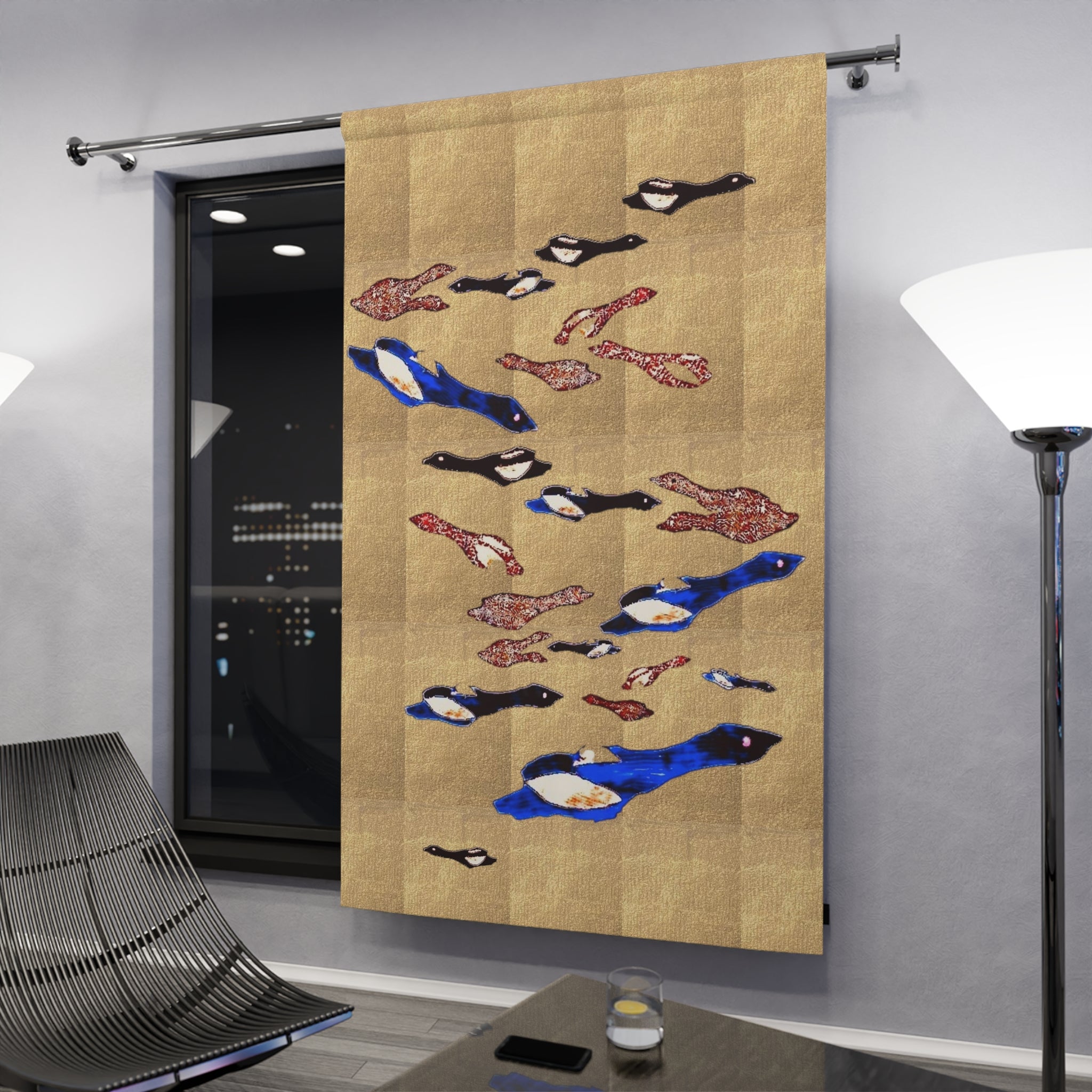 "Fly Me to the Moon" Bird Pattern Window Curtain — Blue and Gold Design Single Panel Blackout