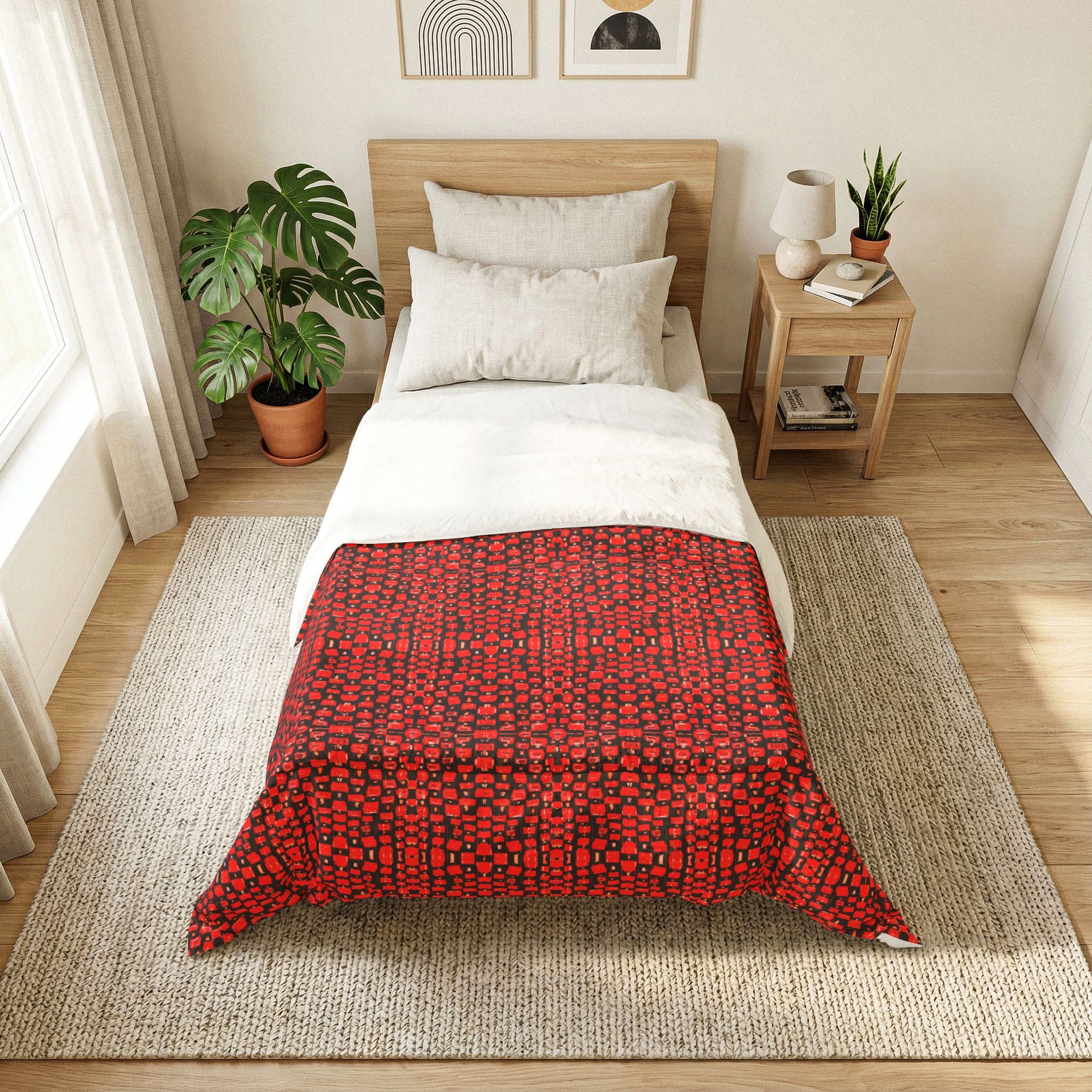 "Japanese Cherry Blossom" Red Dotted Quilt Coverlet — Cozy Geometric Cotton Comforter