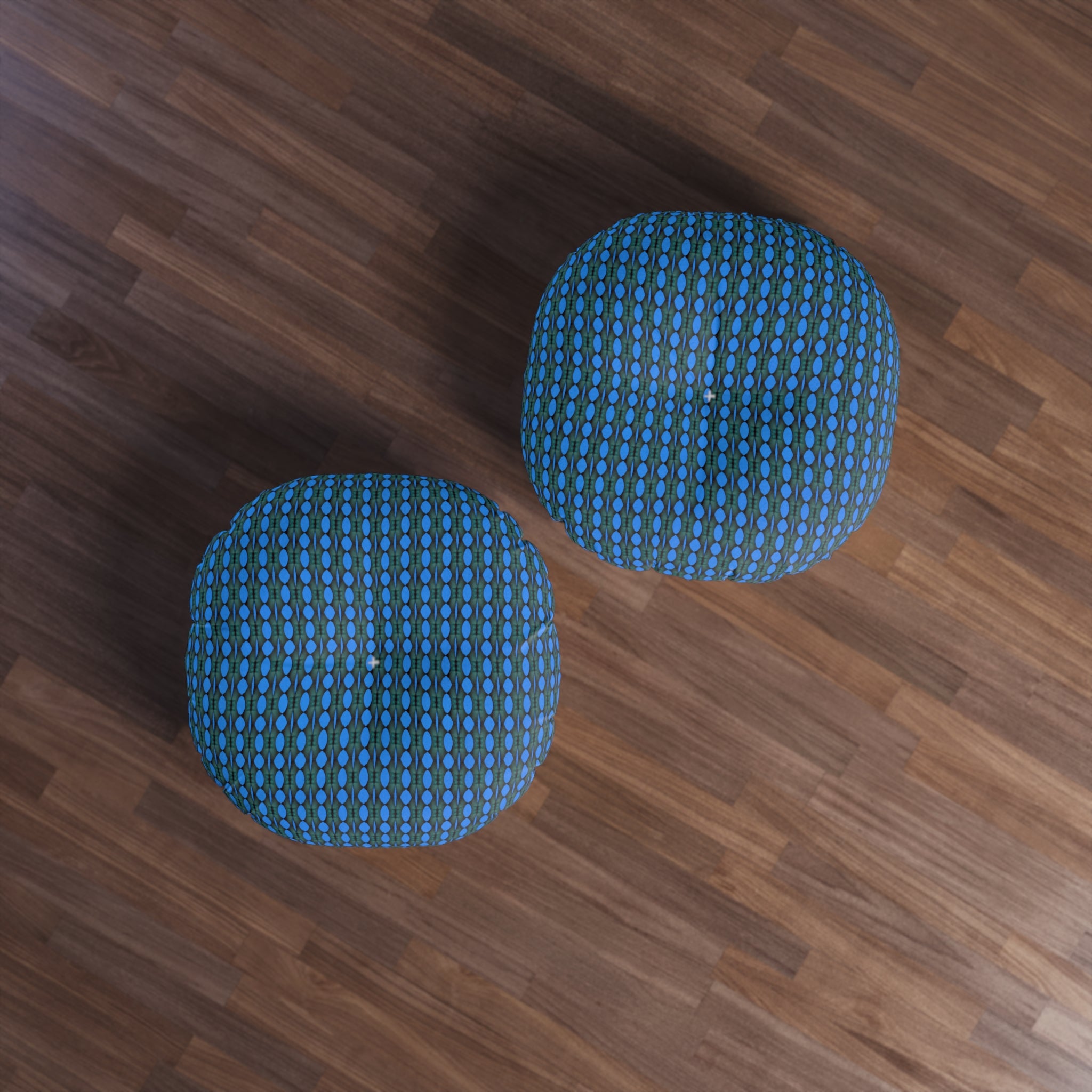 "Where Are We Going?" Round Tufted Floor Pillow — Blue Retro Dot Pattern, Cozy Boho Seating Cushion