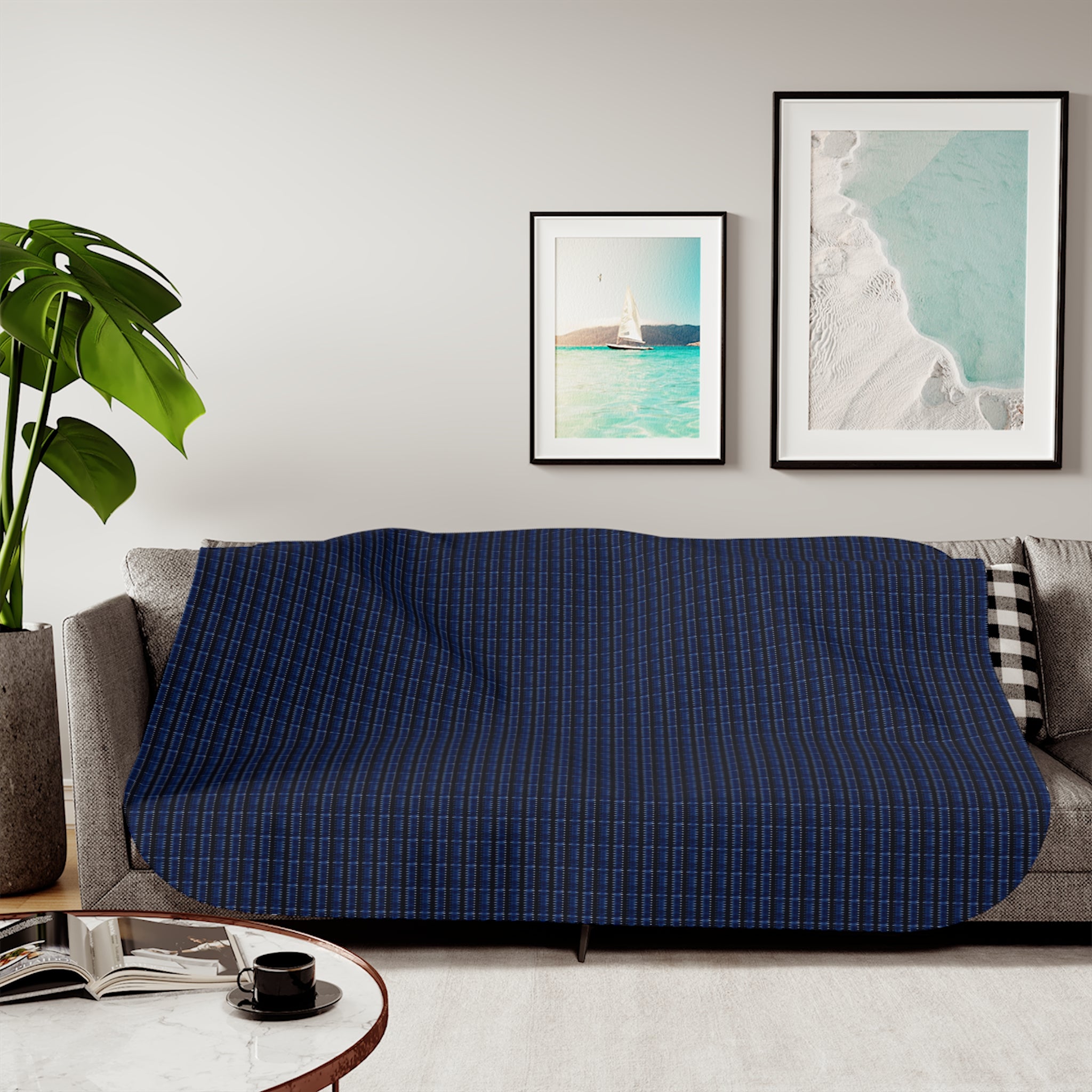 "Mississippi Midnight: Lovely Banjo Blues" Sherpa Blanket – Cozy Reversible Fleece Throw (Navy Woven / Cream Sherpa)