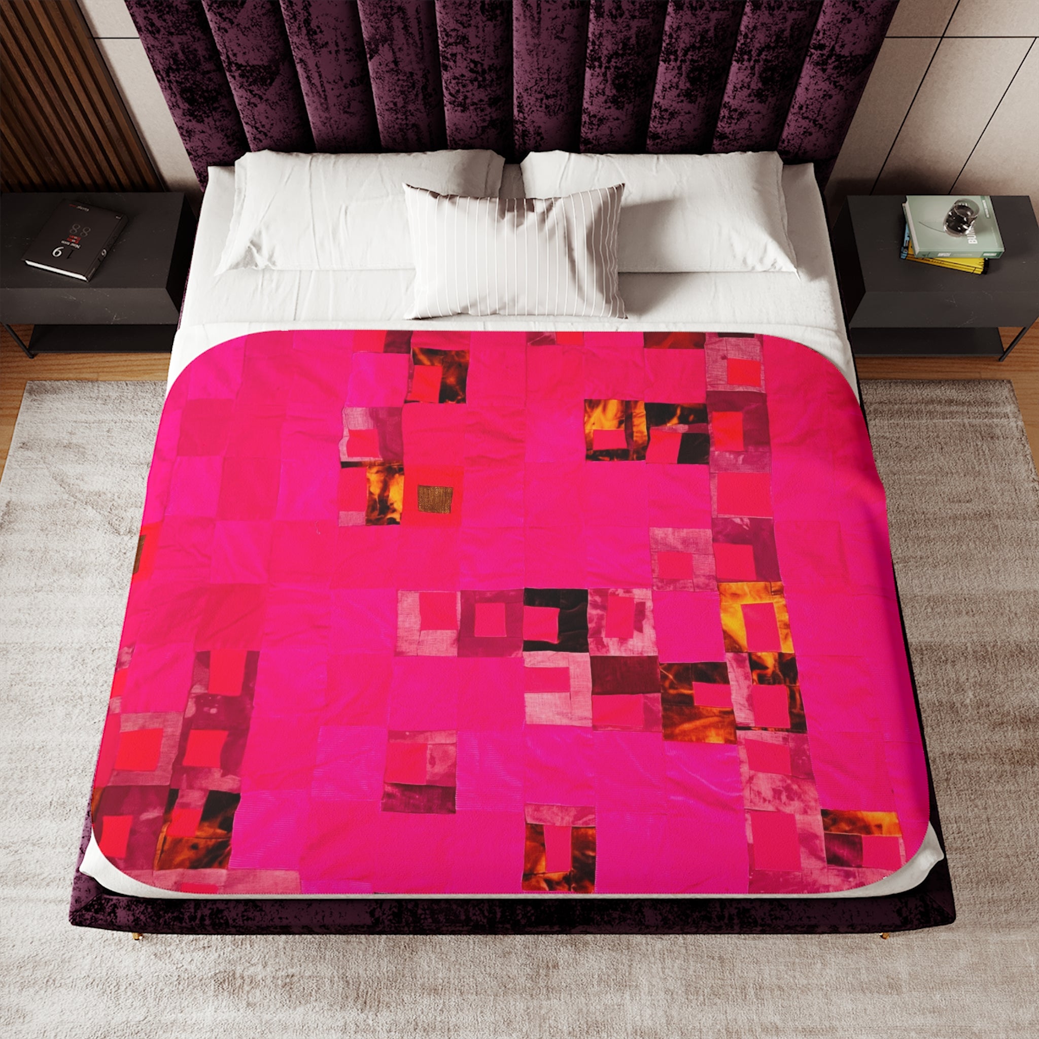 "Lela Lela" Hot Pink Abstract Patchwork Sherpa Blanket - Cozy Throw for Living Room & Gifts