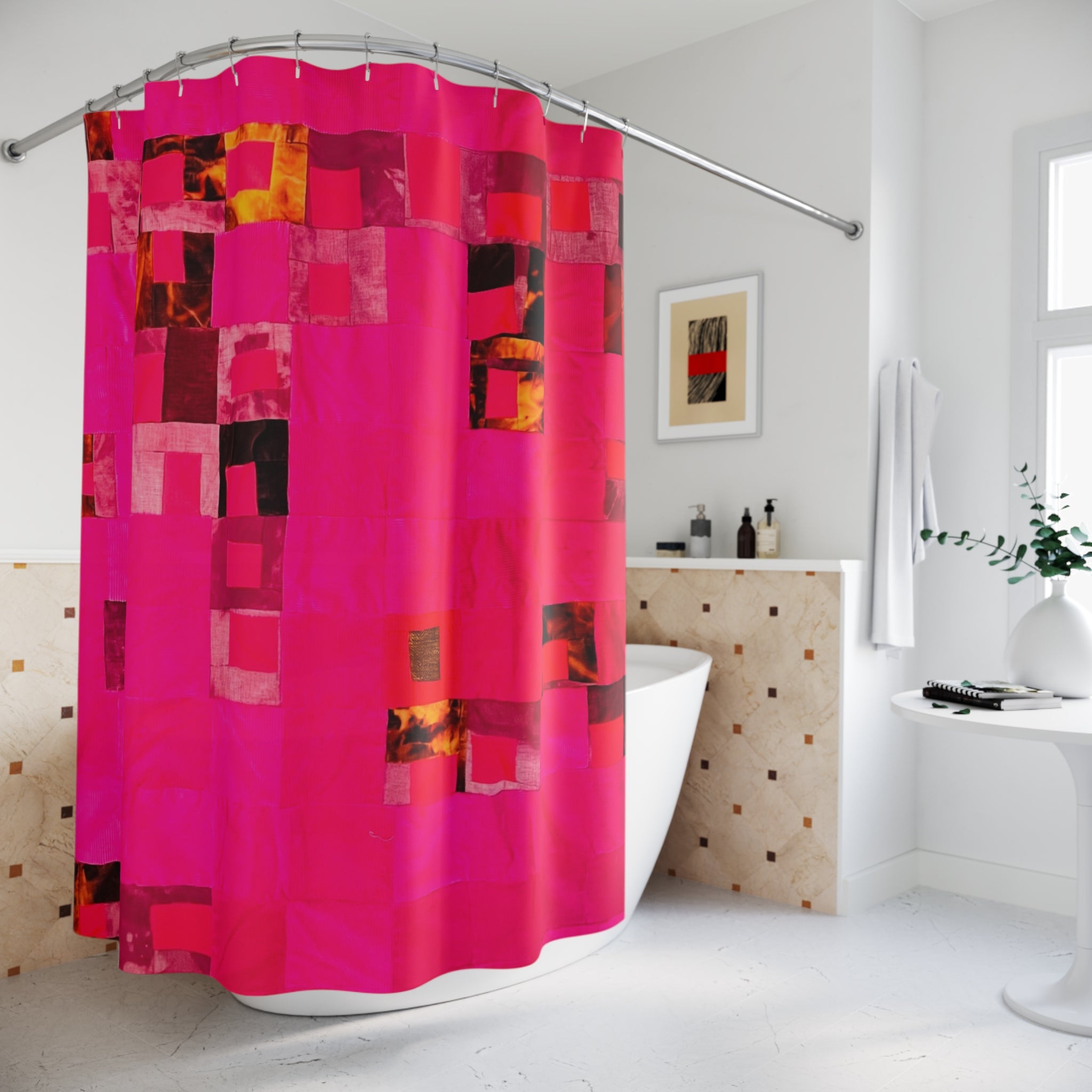 "Lela" Abstract Pink Mosaic Shower Curtain — Bold Modern Bathroom Décor