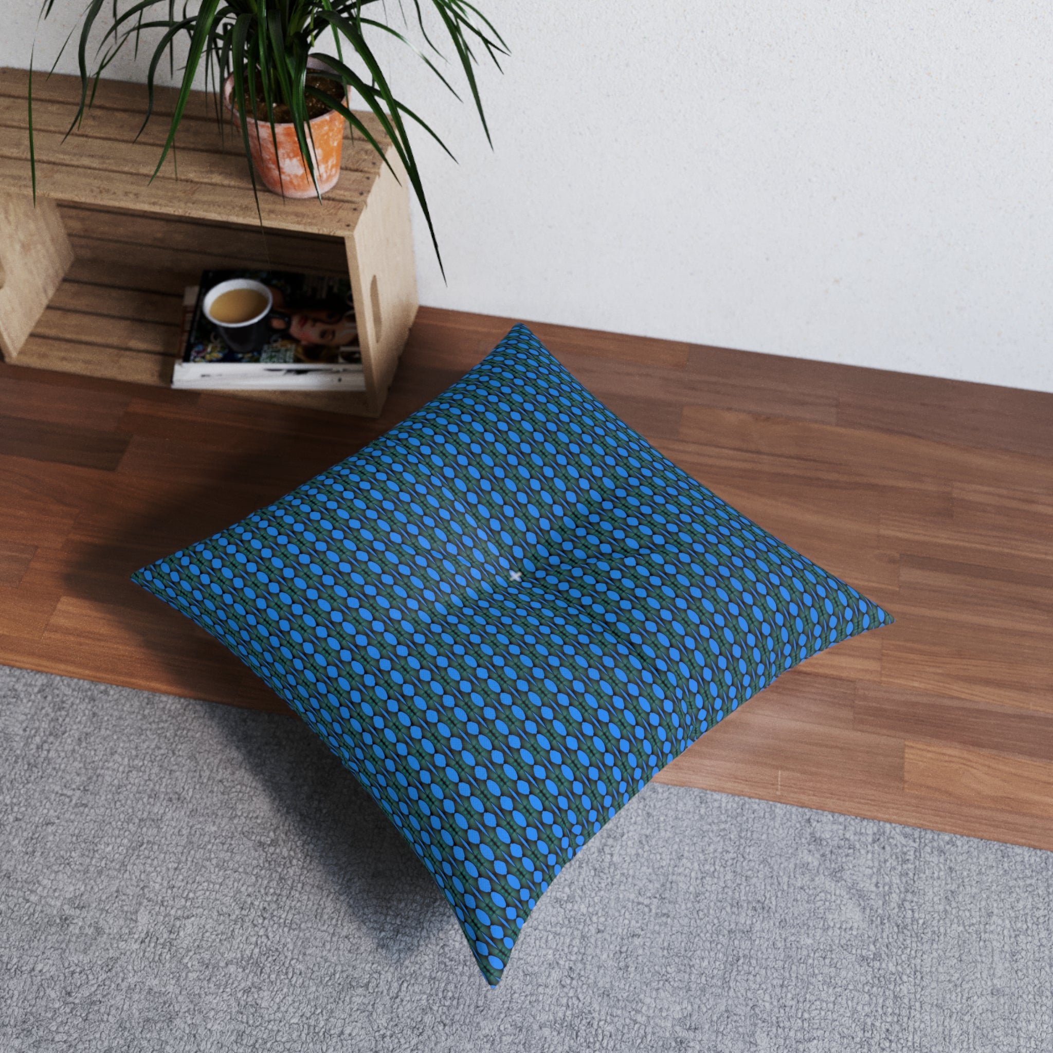 "Where Are We Going?" Blue Geometric Tufted Floor Pillow — Modern Square Accent Cushion