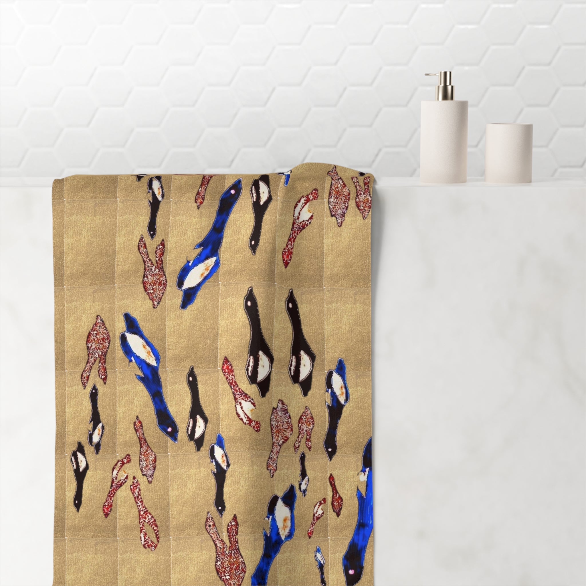 "Fly Me to the Moon" Plush Beach Towel — Abstract Tapestry Bird Print on Gold