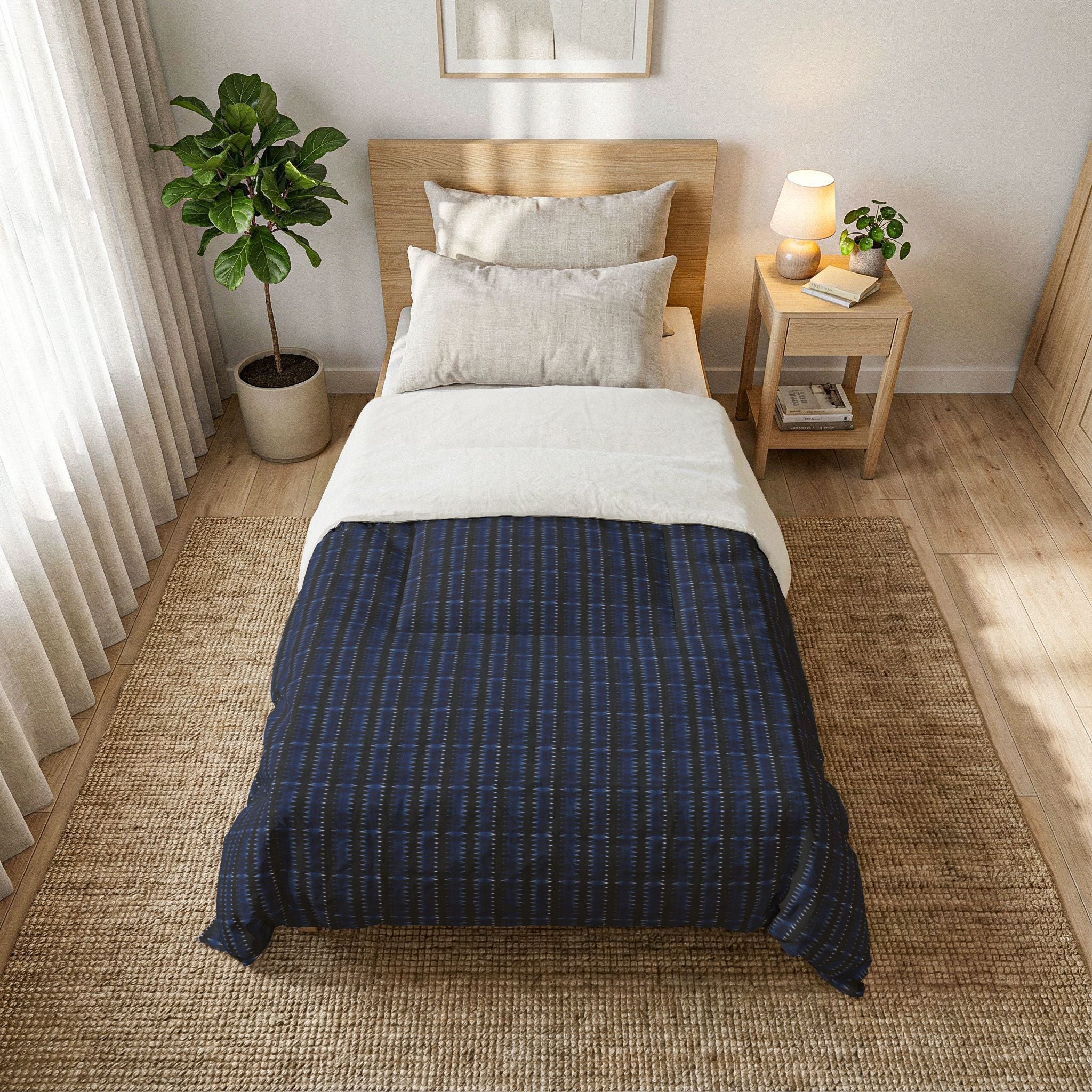 "Mississippi Midnight: Lovely Banjo Blues" Navy Plaid Cotton Comforter - Lightweight Bed Blanket
