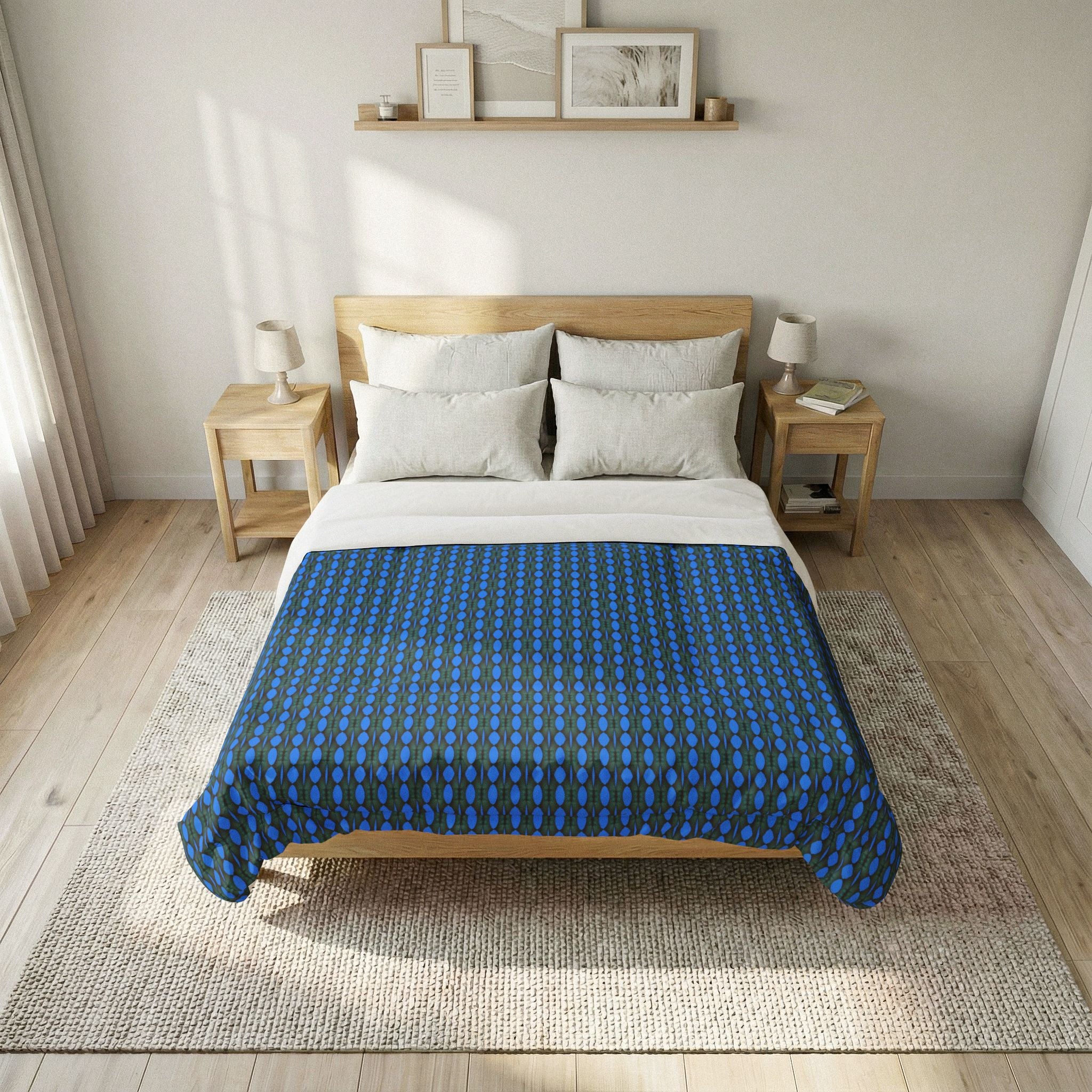 "Where Are We Going?" Blue Geometric Cotton Comforter – Modern Dot Pattern Bedspread