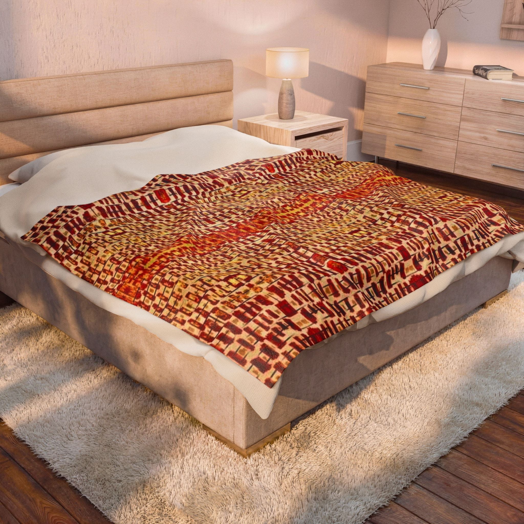 "Queen Mother" Gold and Bronze Velveteen Plush Blanket — Autumn Regal Stripe Throw