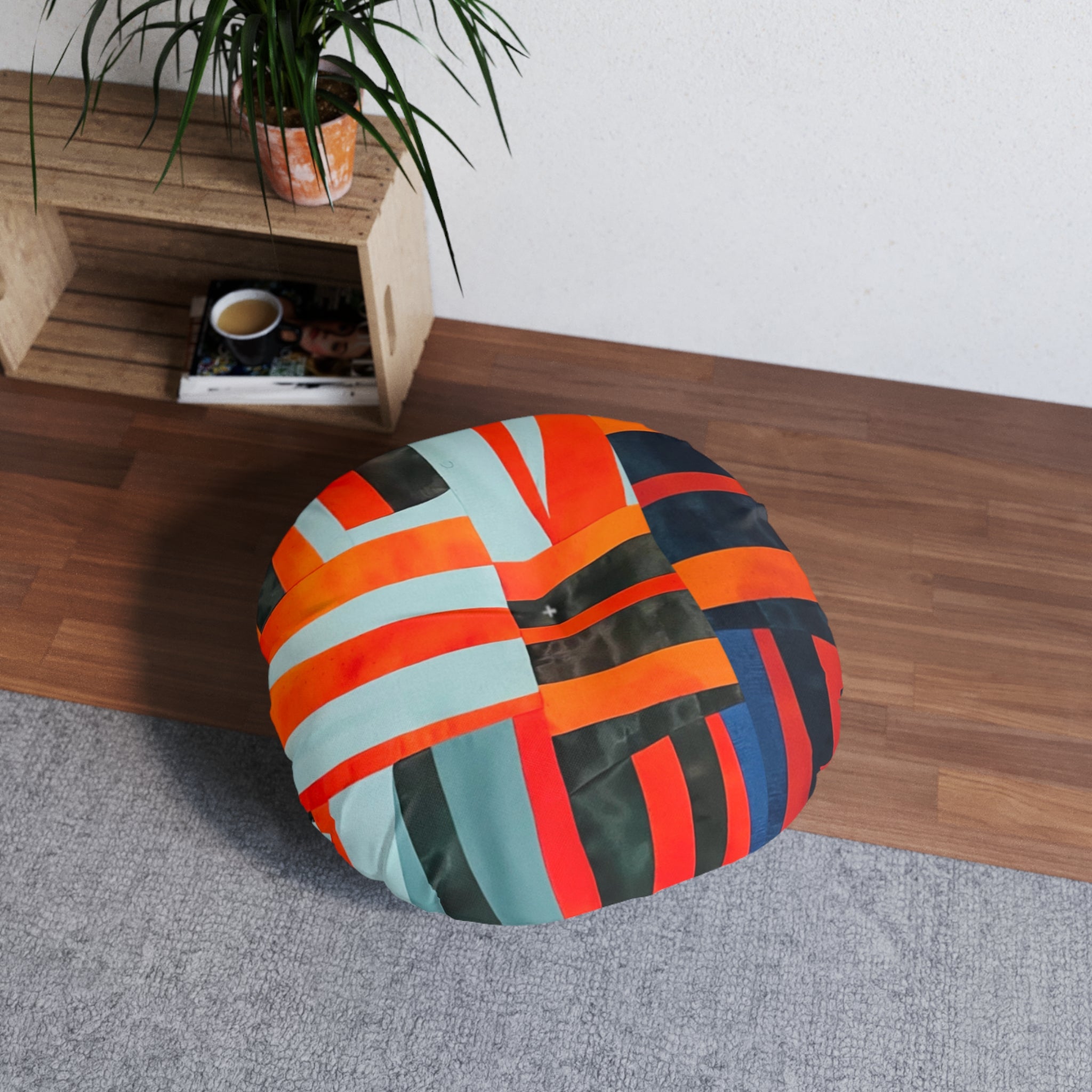 “Samuel” Round Tufted Floor Pillow — Geometric Red & Teal Tribal Pattern