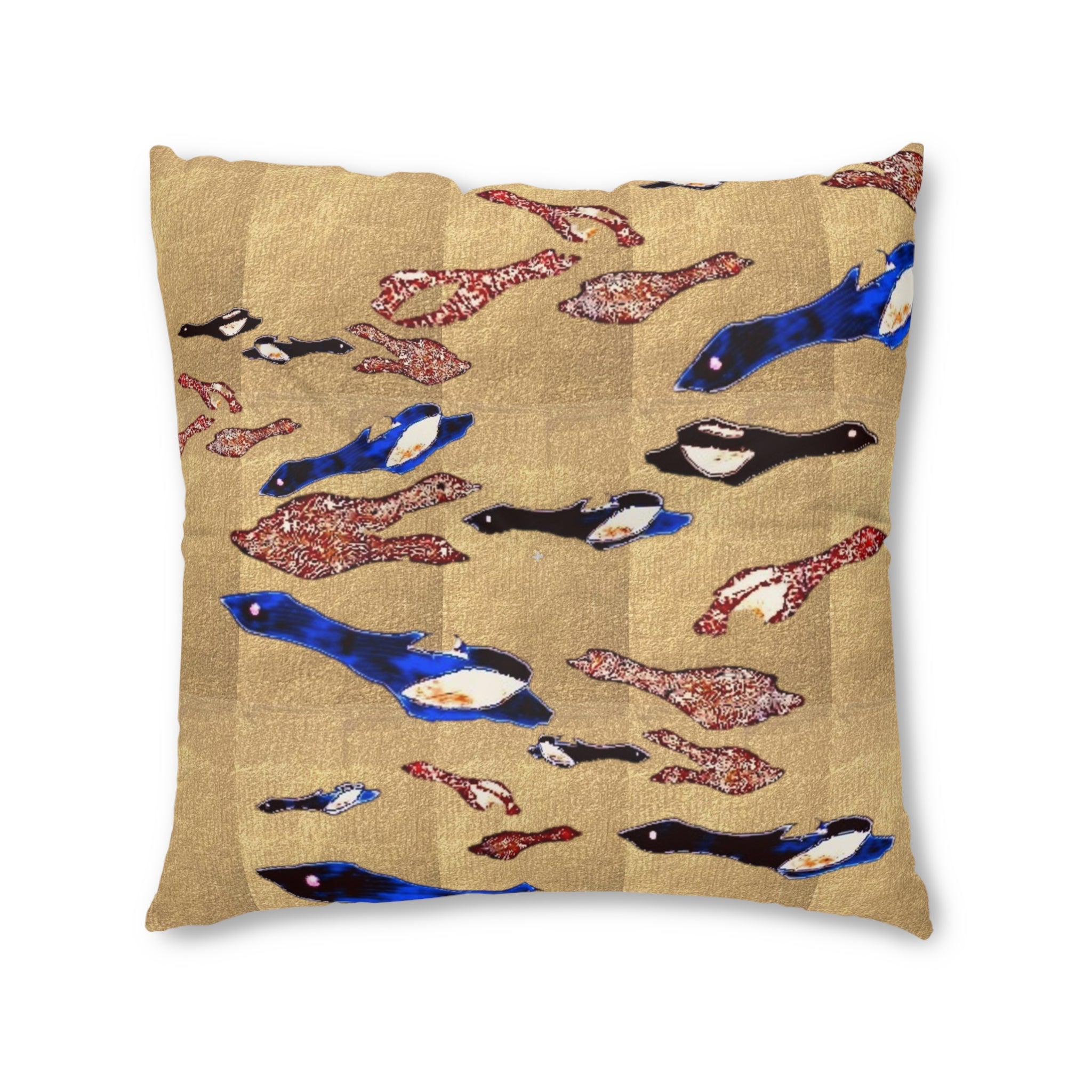 "Fly Me to the Moon" Bronze and Gold, Floor Pillow — Blue & Black Flying Birdies Pattern Tufted Square Cushion