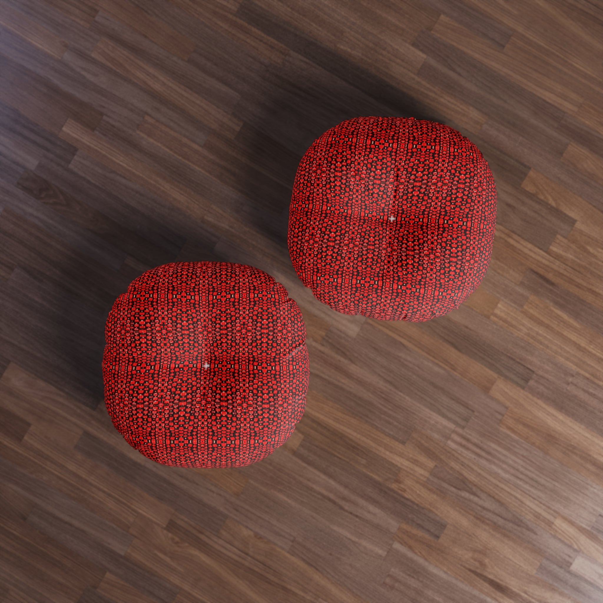 "Japanese Cherry Blossom" Red Woven Round Tufted Floor Pillow — Cozy Boho Accent Cushion