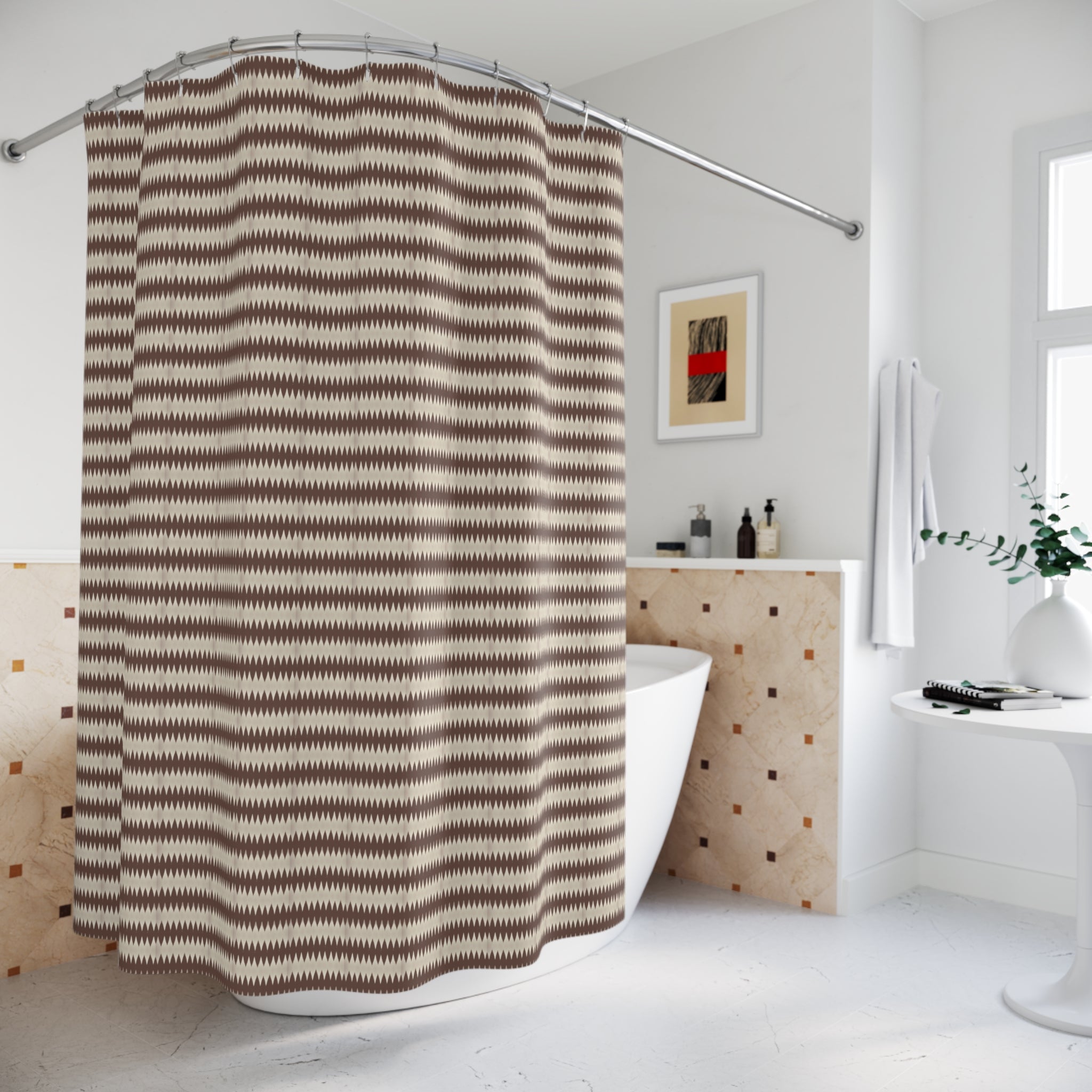 "Mississippi Morning" Boho Brown Ikat Stripe Shower Curtain – Neutral Tribal Bathroom Decor