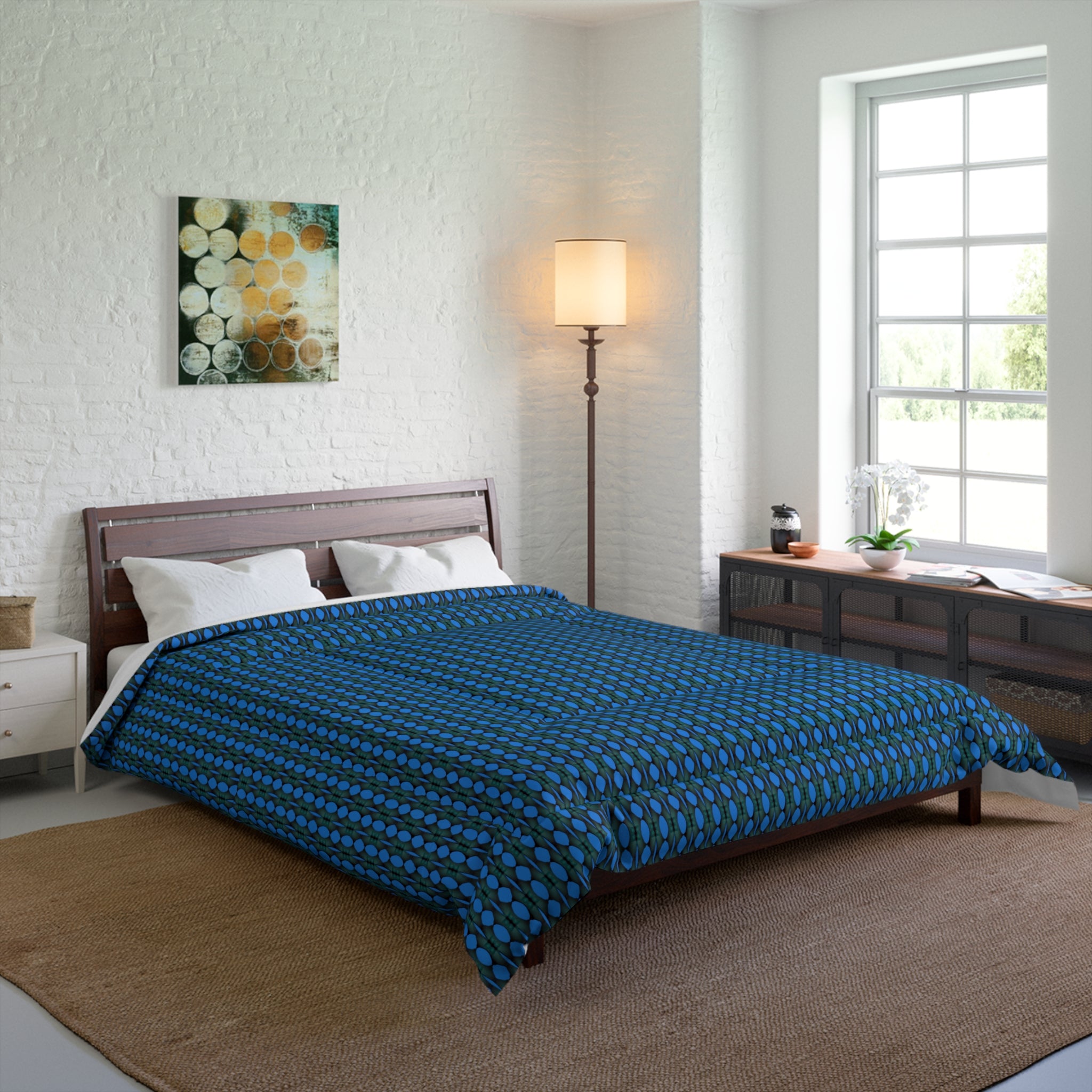 "Where Are We Going?" Blue Geometric Comforter — Modern Dot Pattern Bedding for Teen & Adult Bedrooms