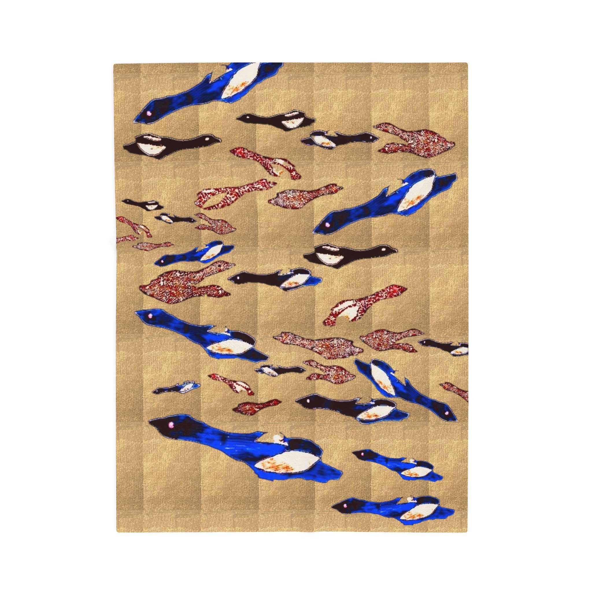 "Fly Me to the Moon" Velveteen Plush Blanket – Blue & Gold Fish School Design, Cozy Nautical Throw