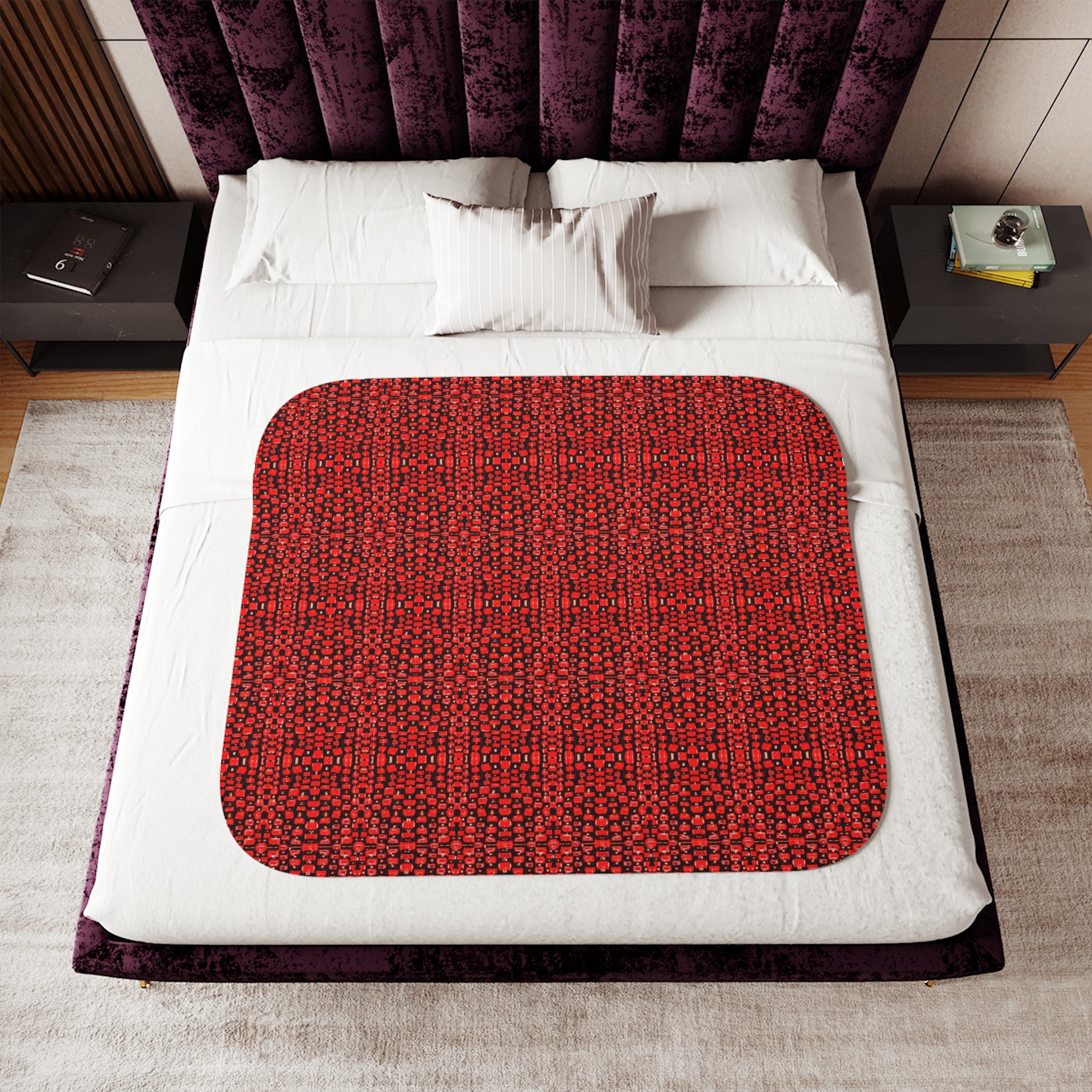 "Japanese Cherry Blossom" Cozy Red Knit Sherpa Blanket – Reversible Plush Throw for Home & Holiday Gifting